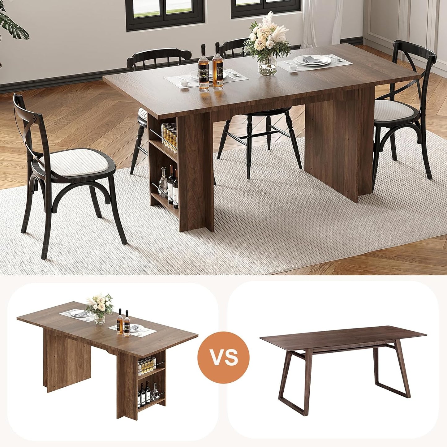 Garvee 63 Inch Dining Table for 2-4, Farmhouse Rectangular Kitchen Table with Waterproof Wood Tabletop, Heavy Duty Legs & 2-Tier Storage Shelves for Kitchen, Dining Room, Walnut