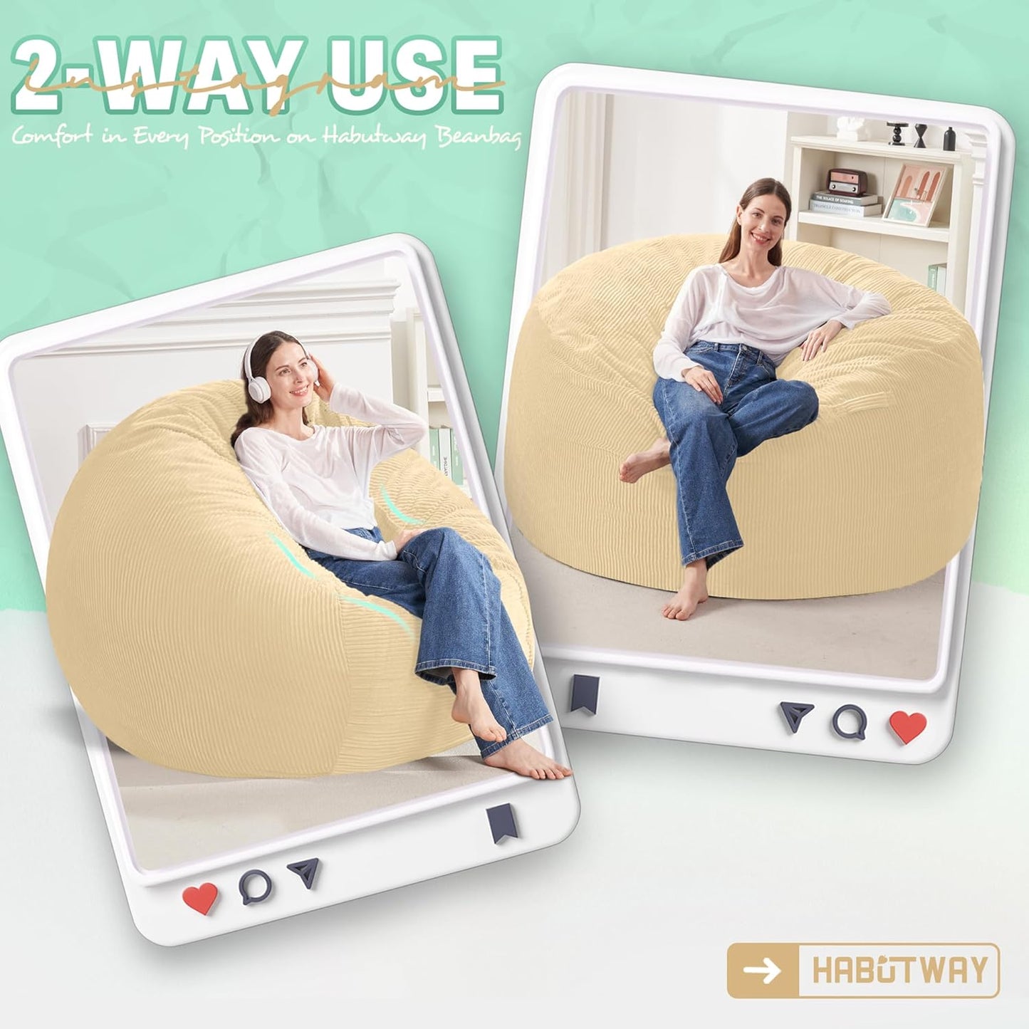 HABUTWAY 4FT Bean Bag Chair,Giant Bean Bag Chairs for Adults,Big Bean Bags with Memory Foam Filled, Large Beanbag Chairs with Soft Corduroy Cover-Khaki