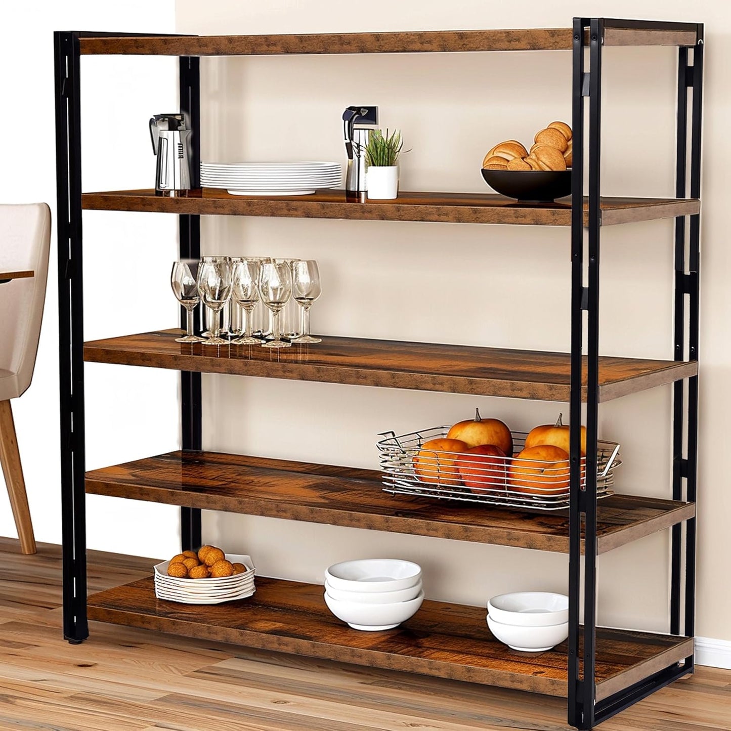 47" 4-Tier Bookshelf Rustic Wood and Metal Industrial Bookshelf for Home Office, Bedroom, Kitchen, Bathroom (Rustic Brown, 4-Tier)