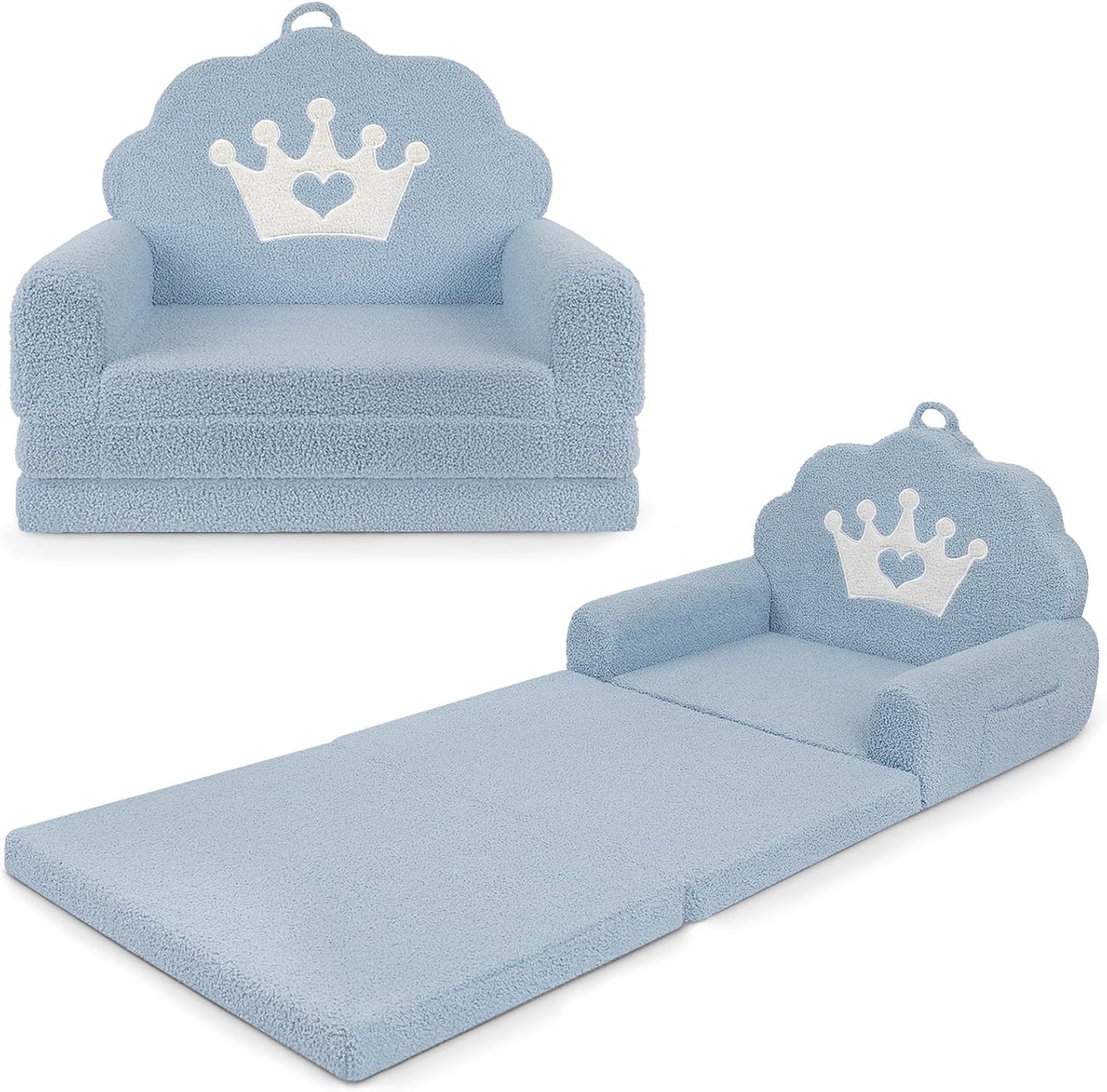 2-in-1 Kids Couch Fold Out, Soft Teddy Sherpa Toddler Couch with Crown Design, Convertible Kids Sofa to Lounger for Nap & Playtime, Cozy Children's Furniture for Boys & Girls, Blue