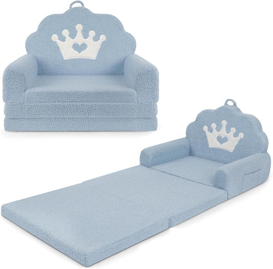 2-in-1 Kids Couch Fold Out, Soft Teddy Sherpa Toddler Couch with Crown Design, Convertible Kids Sofa to Lounger for Nap & Playtime, Cozy Children's Furniture for Boys & Girls, Blue