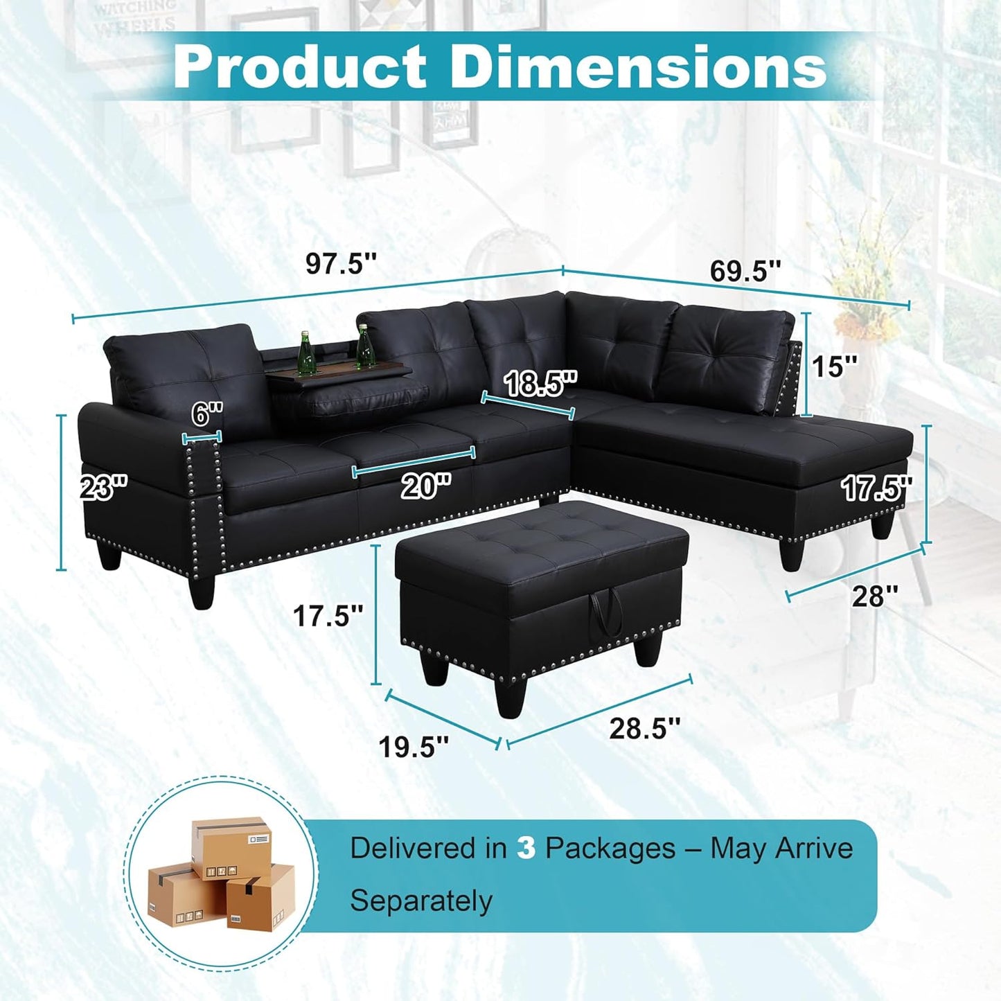 97.5" Oversized Sectional Couch, L Shaped Couch with Storage Ottoman, Modern Modular Sofa with Deep Seat, Sectional Couches for Living Room and Office, Black (Faux Leather)