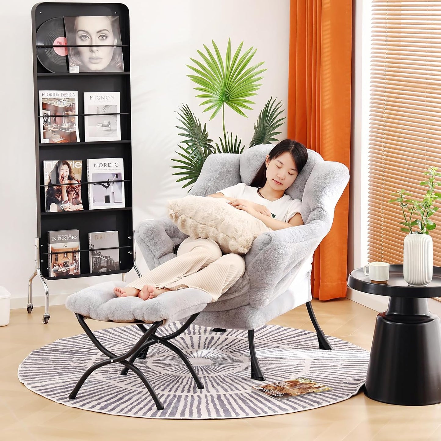 Lazy Chair with Ottoman, Modern Large Accent Lounge Chair with a Pillow, Leisure Sofa Armchair, Reading Chair with Footrest for Bedroom, Living Room,Plush Light Grey