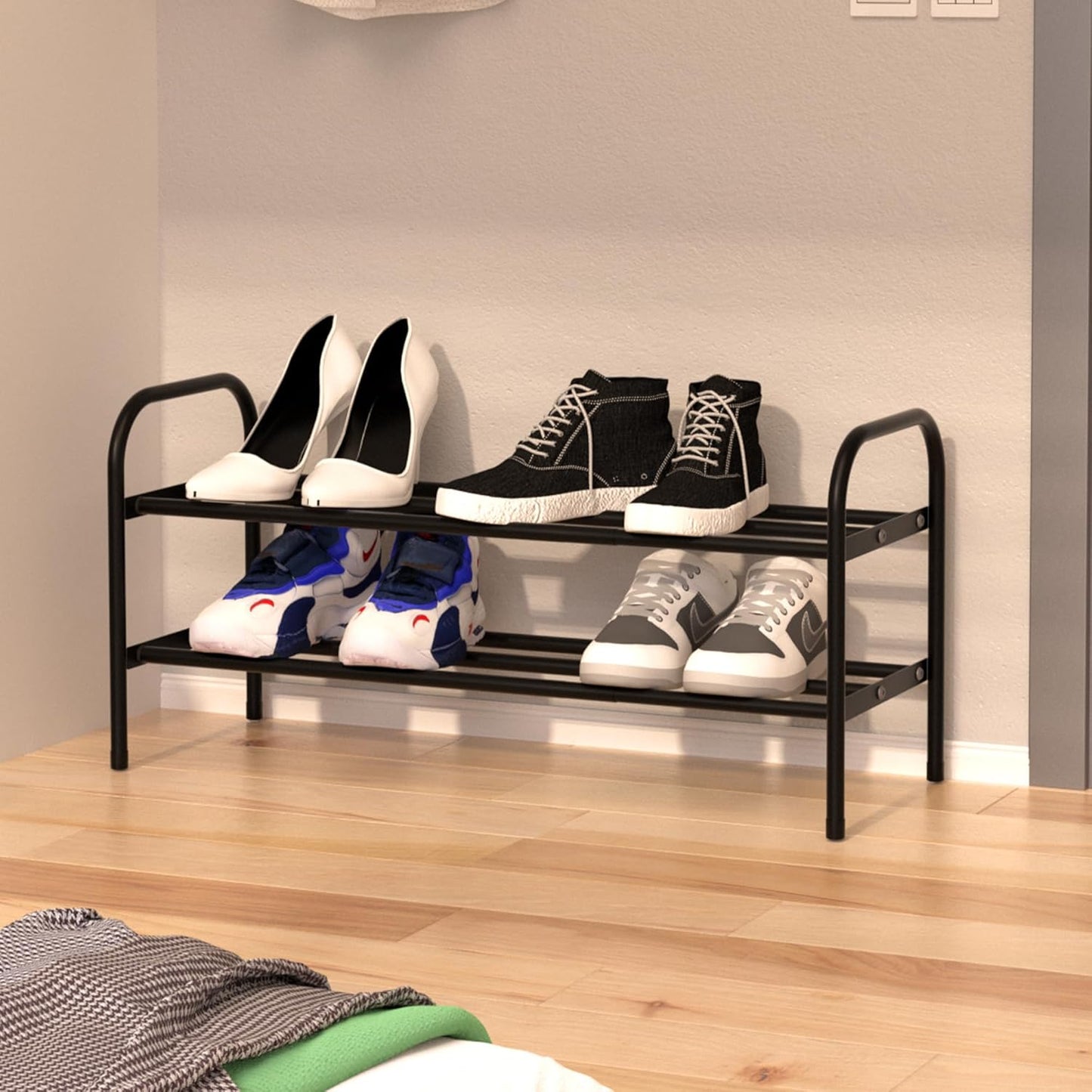 3-Tier Expandable Shoe Rack for Closet, Shoe Organizer,17”-31” Adjustable Shoe Rack,Suitable for Small Spaces,Small Front Door Wardrobe Shoe Stand,Sturdy Metal,Black
