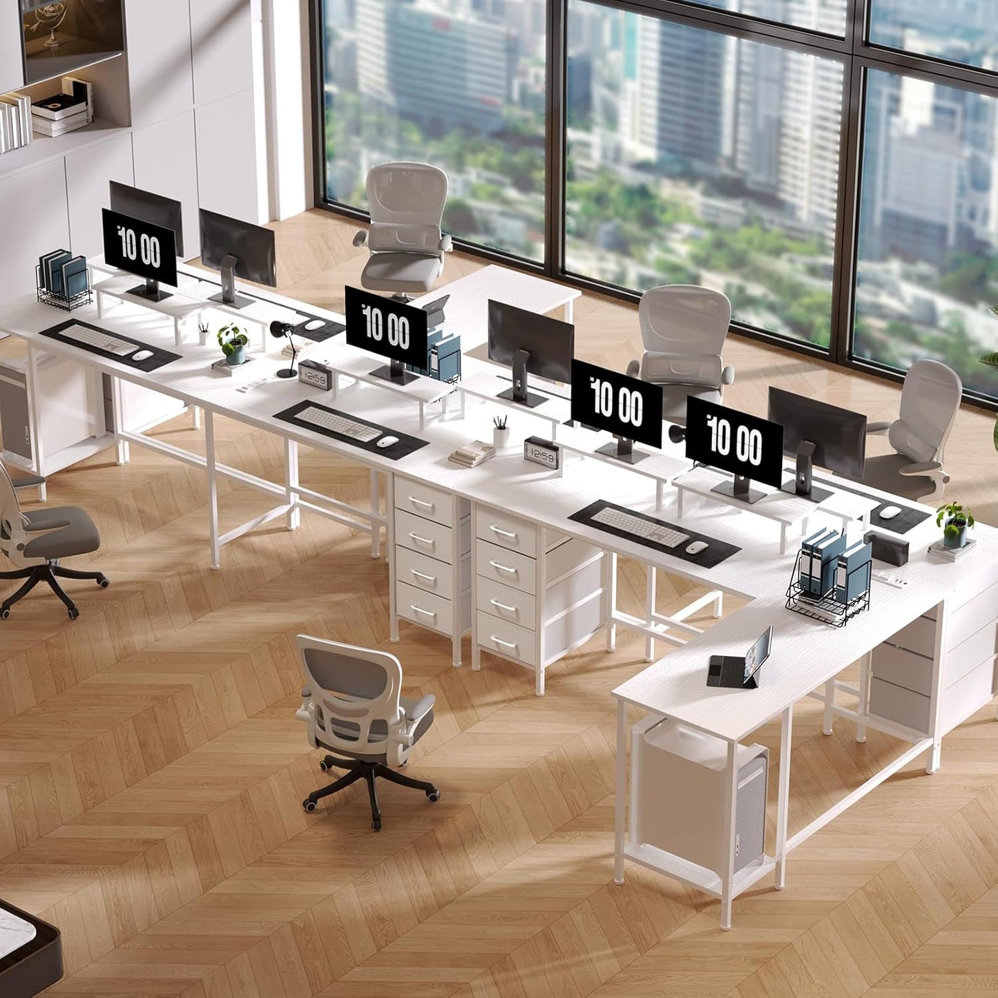 59 inch L Shaped Computer Desk with Power Outlets, Home Office Desk with 4 Adjustable Storage Drawers & 2 Monitor Stands, Two Person Gaming Table for Bedroom, White