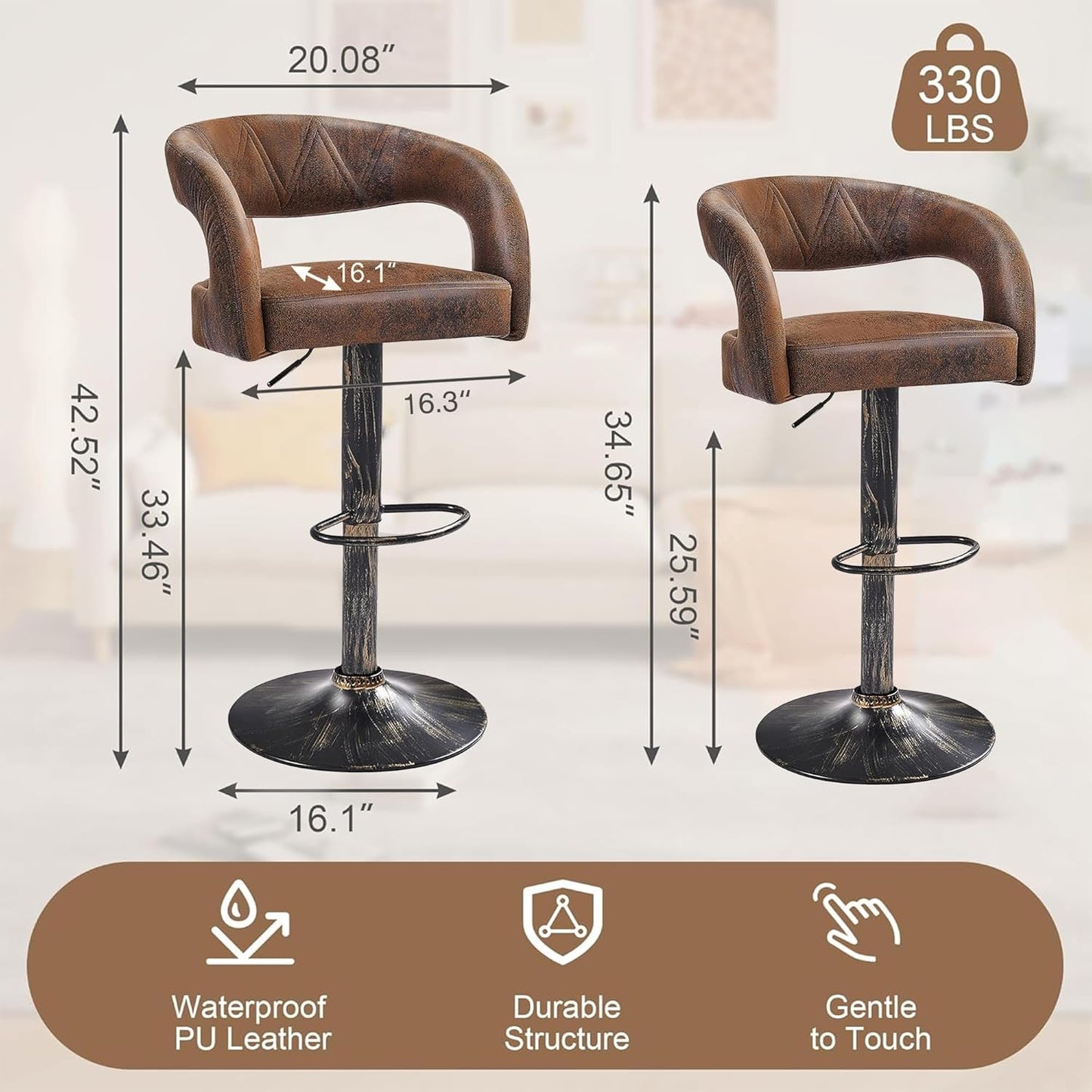 VECELO Bar Stools Set of 4 Adjustable Swivel Modern Pu Leather Barstools, Counter Bar Stools with Back and Arms, for Kitchen, Bar (Dark Brown)