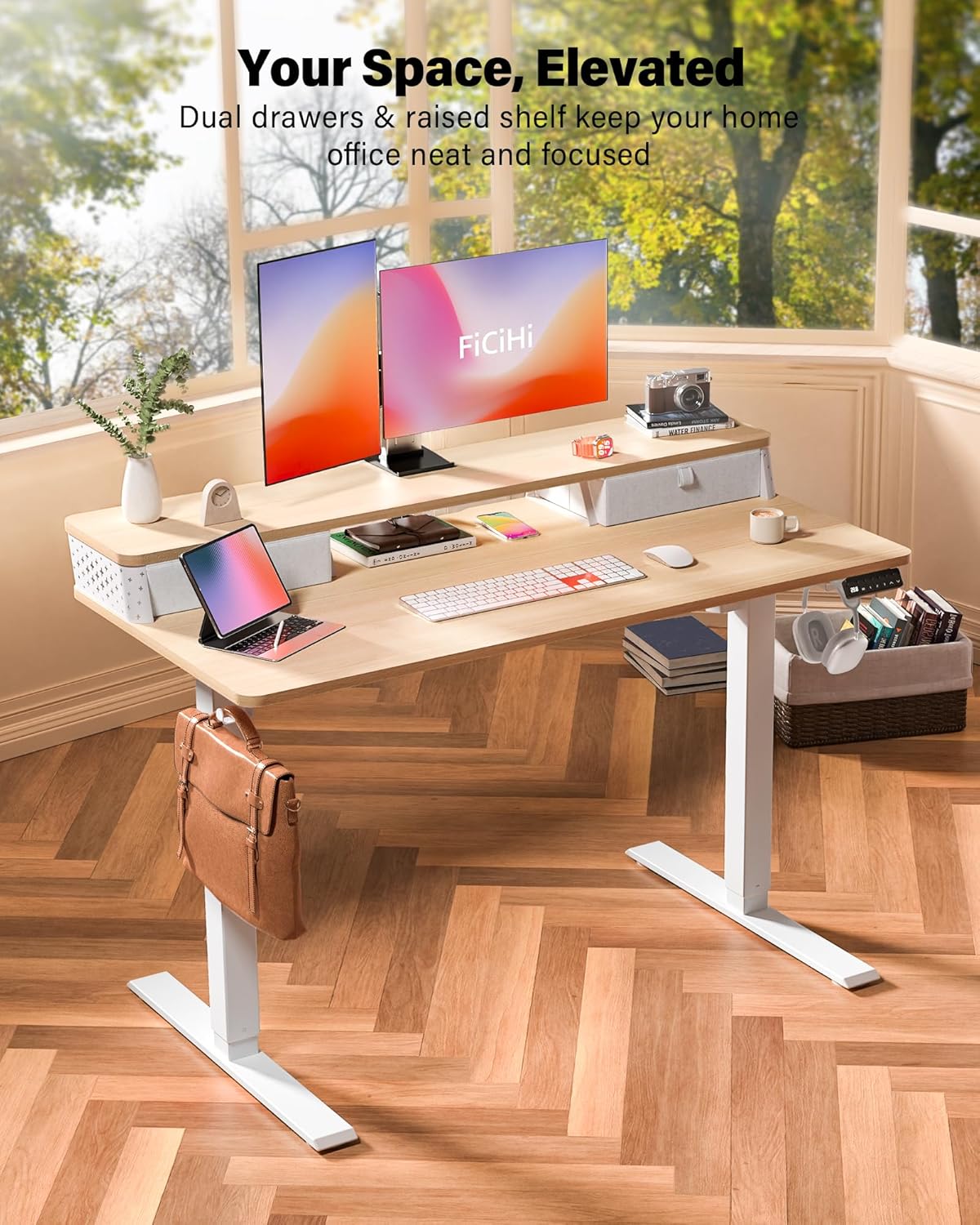 55x24 Inch Standing Desk with Double Drawers, C-Clamp Mount Compatible, Electric Adjustable Height Computer Stand Up Desks, Home Office Sit Stand Table with 3 Preset Heights & 2 Hooks, Natural