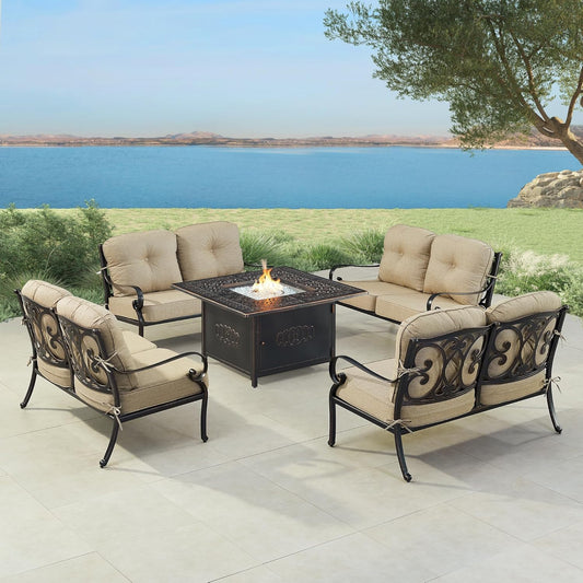 Oakland Living Black Aluminum Patio Fire Table Set with Four Deep Seating Loveseat, Cushions and Wind Blocker