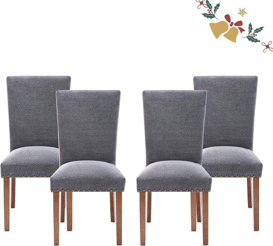 Parsons Dining Chairs Set of 4, Upholstered Nailhead Dining Room Kitchen Side Chair with Thick Cushions and Wood Legs, Dark Grey