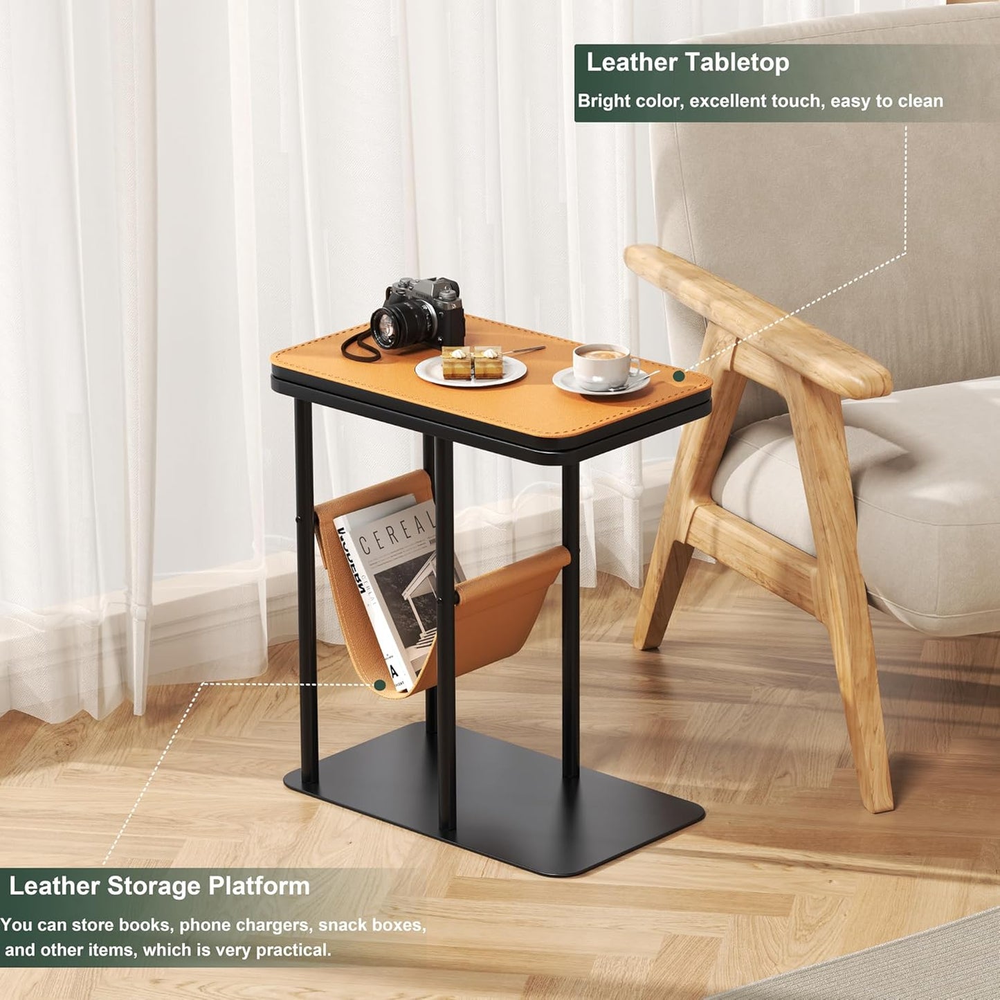 C Table End Table, Metal Base C Shaped Side Table, Double Tabletop Laptop Stand TV Table for Sofa and Bed, Couch Tables That Slide Under, Coffee Table for Bedroom Living Room Small Spaces (Walnut-1)