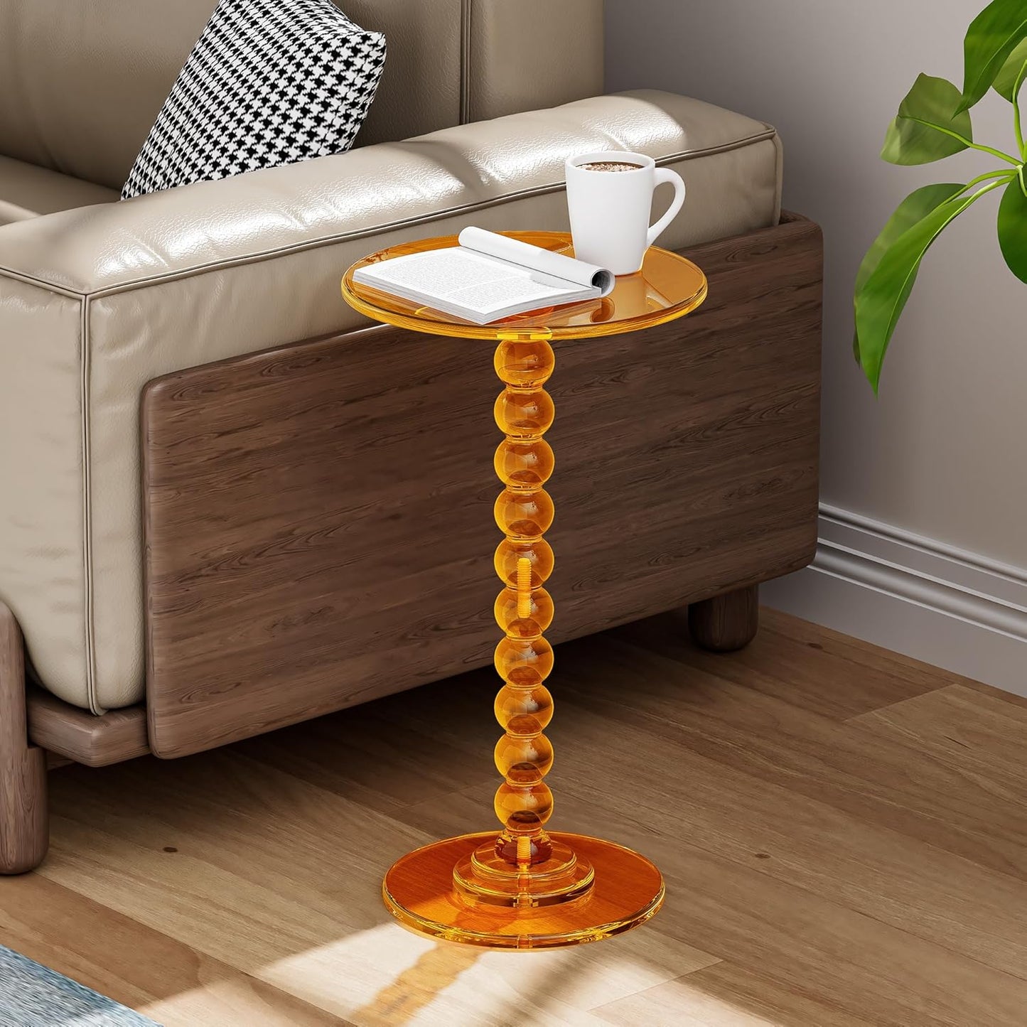 Acrylic Side Table, End Table Round Top with Solid Post for Living Room, Bedroom, Balcony, Easy Assembly (Clear) (Pedestal, Orange)