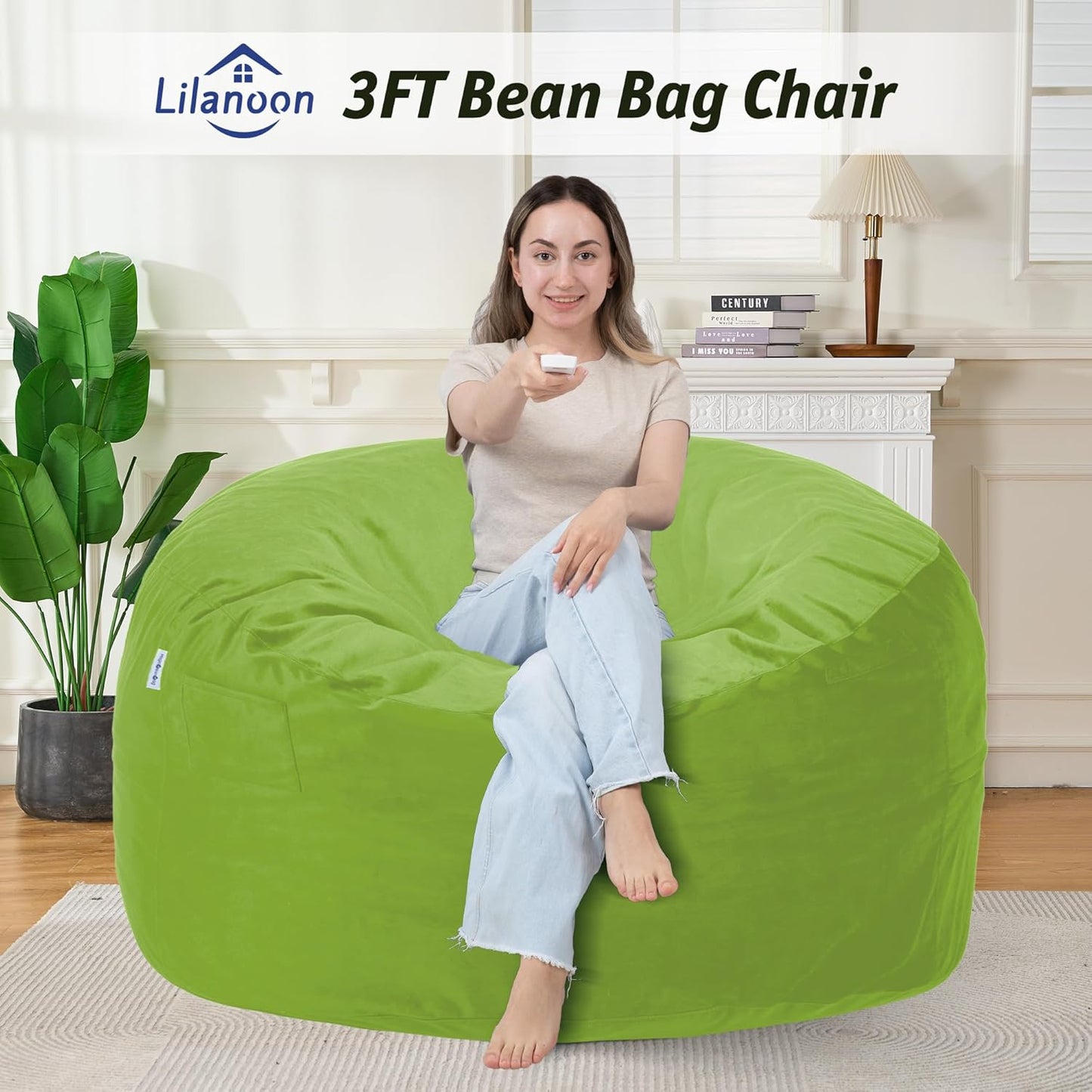 3FT Bean Bag Chair with Ultra Soft Velvet Cover Bean Bag Sofa with Memory Foam Bean Bag Chairs with Large Size Lazy Sofa for Dorm Office Living Room Bedroom Grass Green 3'