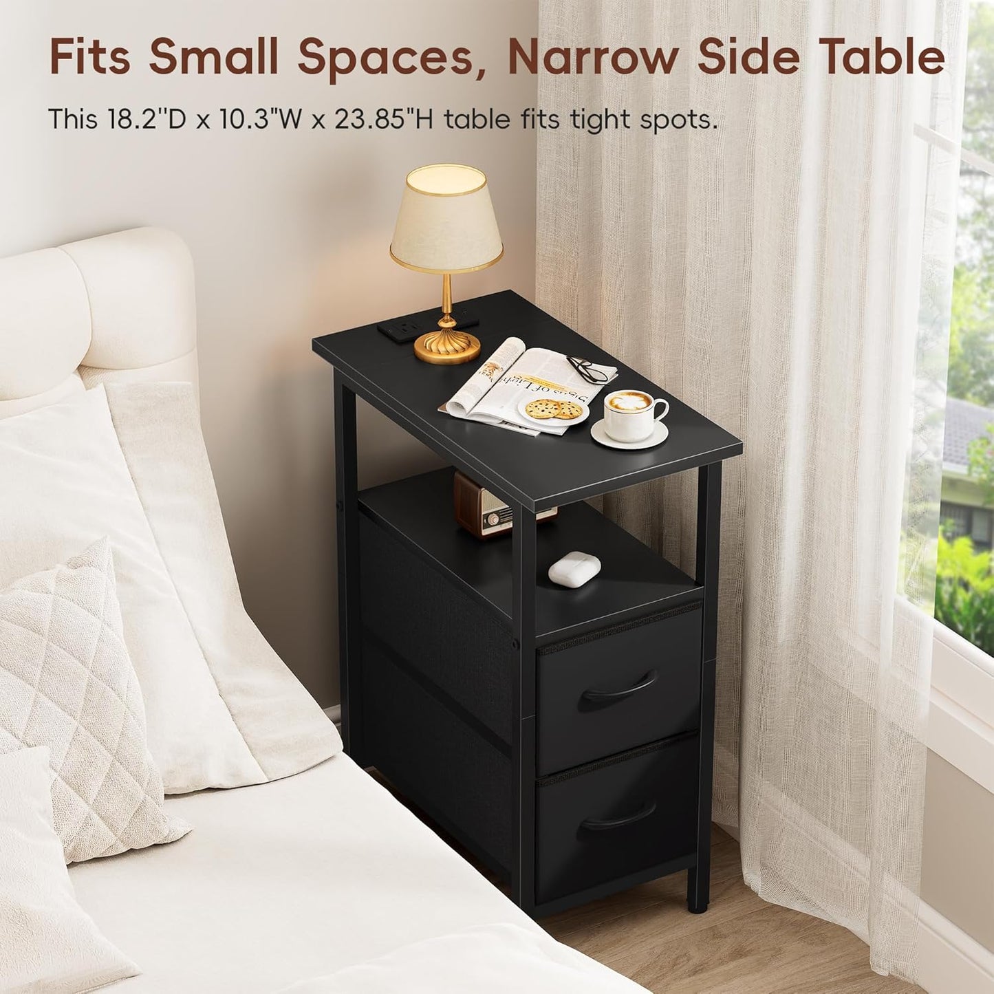 Vagusicc Set of 2 Black Nightstand with Charging Station and LED Lights, Narrow Side Table, LED Night Stand with 2 Fabric Drawers, Bedside Table Small End Table, Tall Nightstand for Bedroom, Black