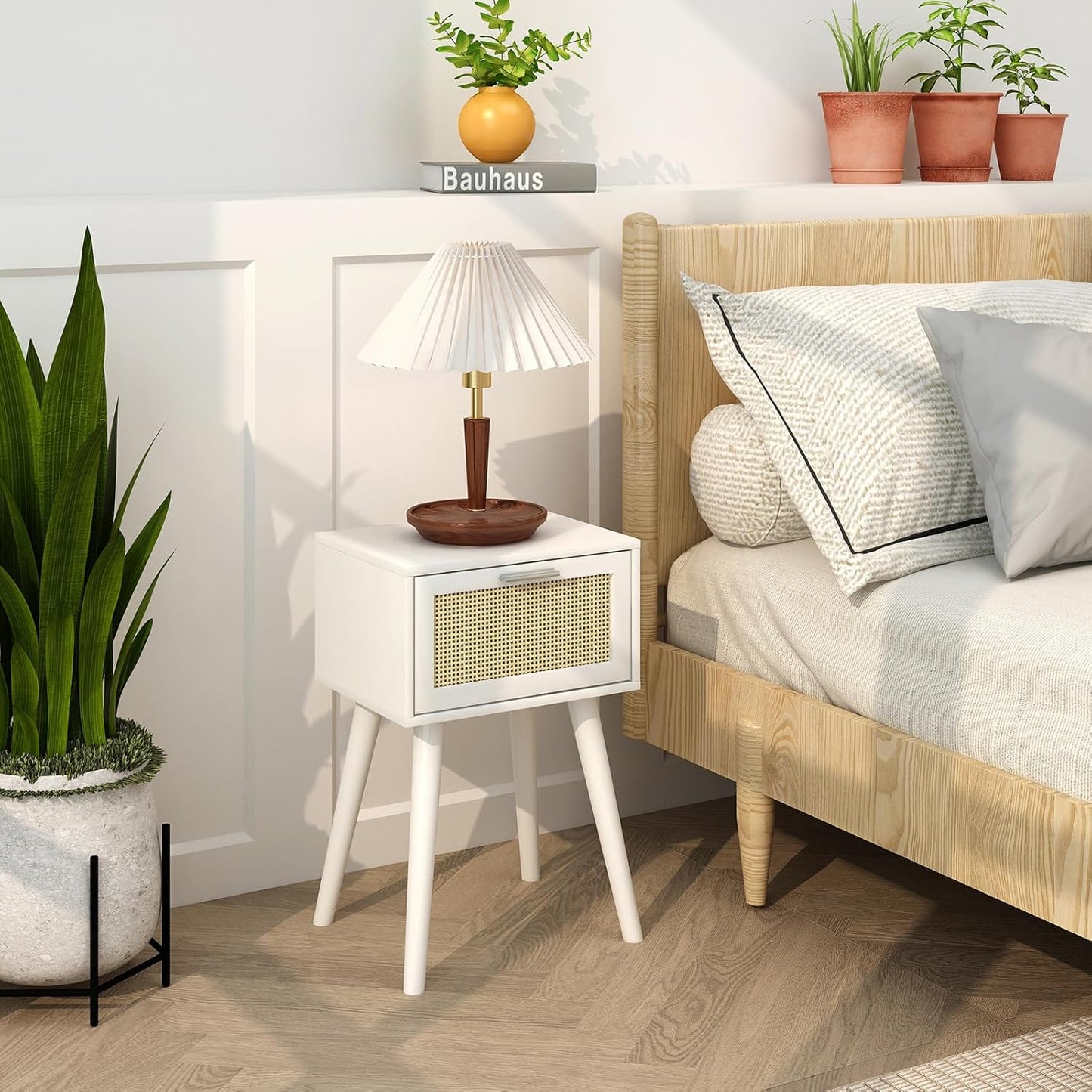 LAATOOREE Table, Nightstand Set of 2 - Small End Table with Rattan Door, Boho Style for Bedroom Living Room - White