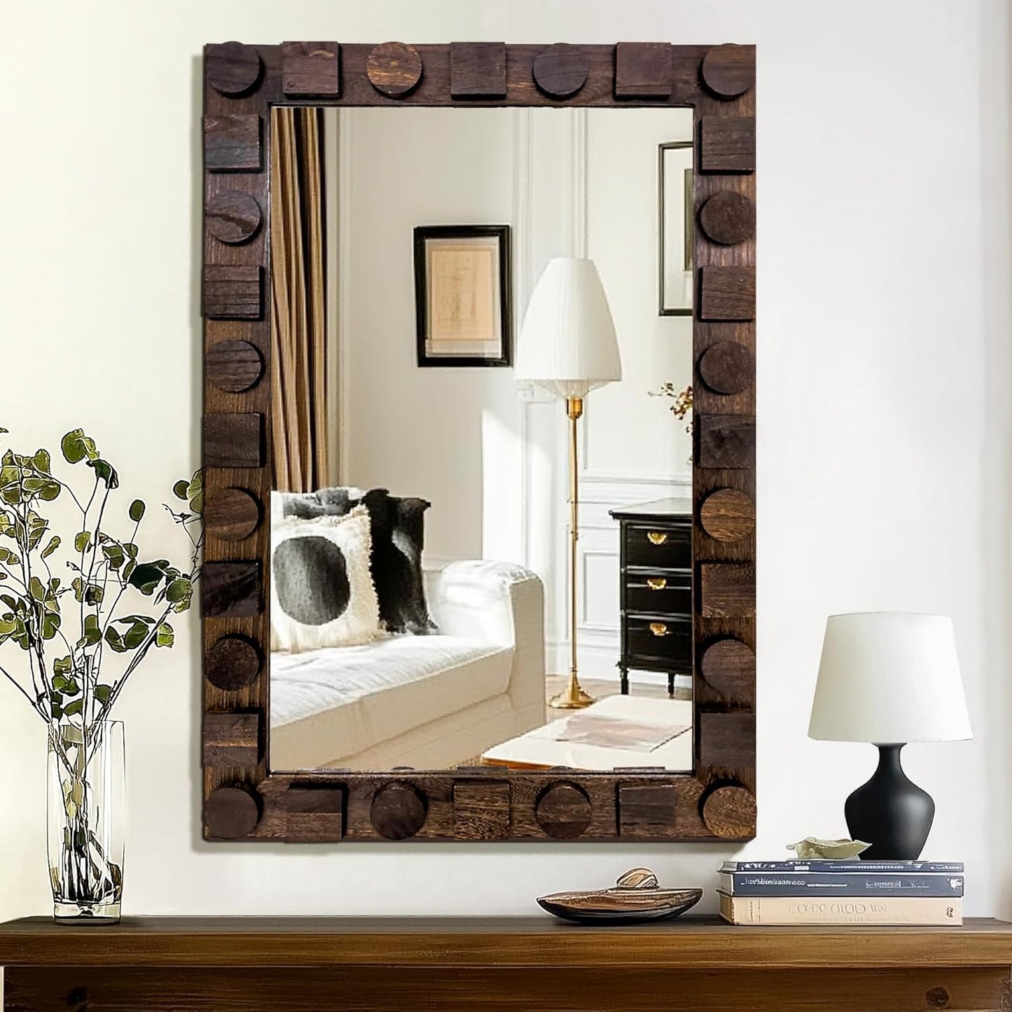 36x24 Inch Handcrafted Solid Wood Square Wall Mirror with Geometric Wood Inlay Design, Rustic Natural Texture for Bathroom, Bedroom, Living Room Decor