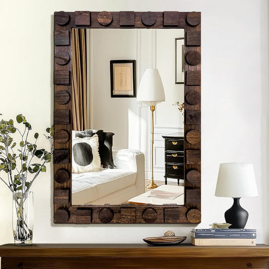 36x24 Inch Handcrafted Solid Wood Square Wall Mirror with Geometric Wood Inlay Design, Rustic Natural Texture for Bathroom, Bedroom, Living Room Decor