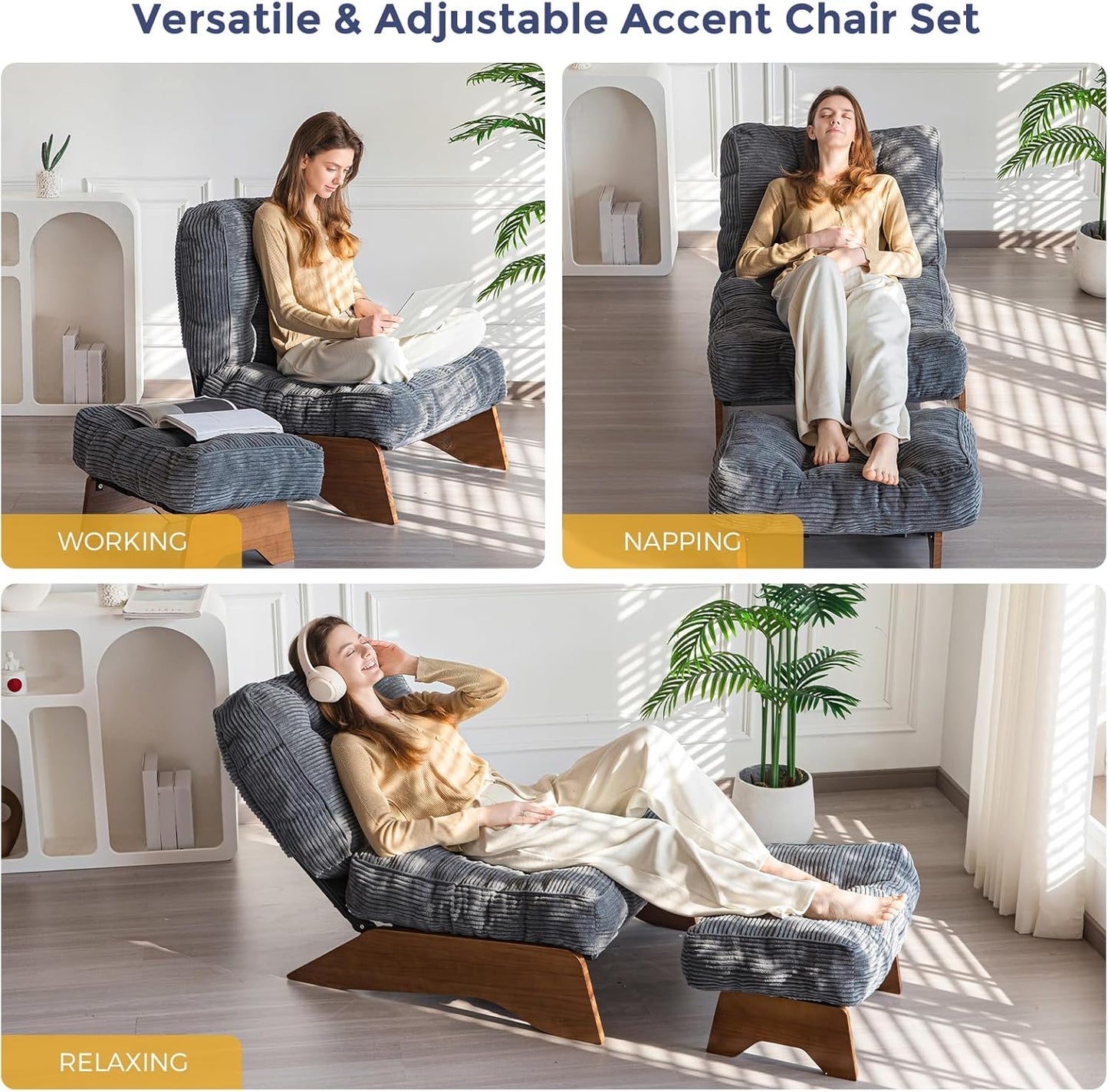 MAXYOYO Accent Chair with Ottoman Adjustable Backrest, Tufted Living Room Chair Upholstered Lounge Chair with Footrest Set, Modern Chair Cozy Reclining Chair for Reading Room, Dark Grey