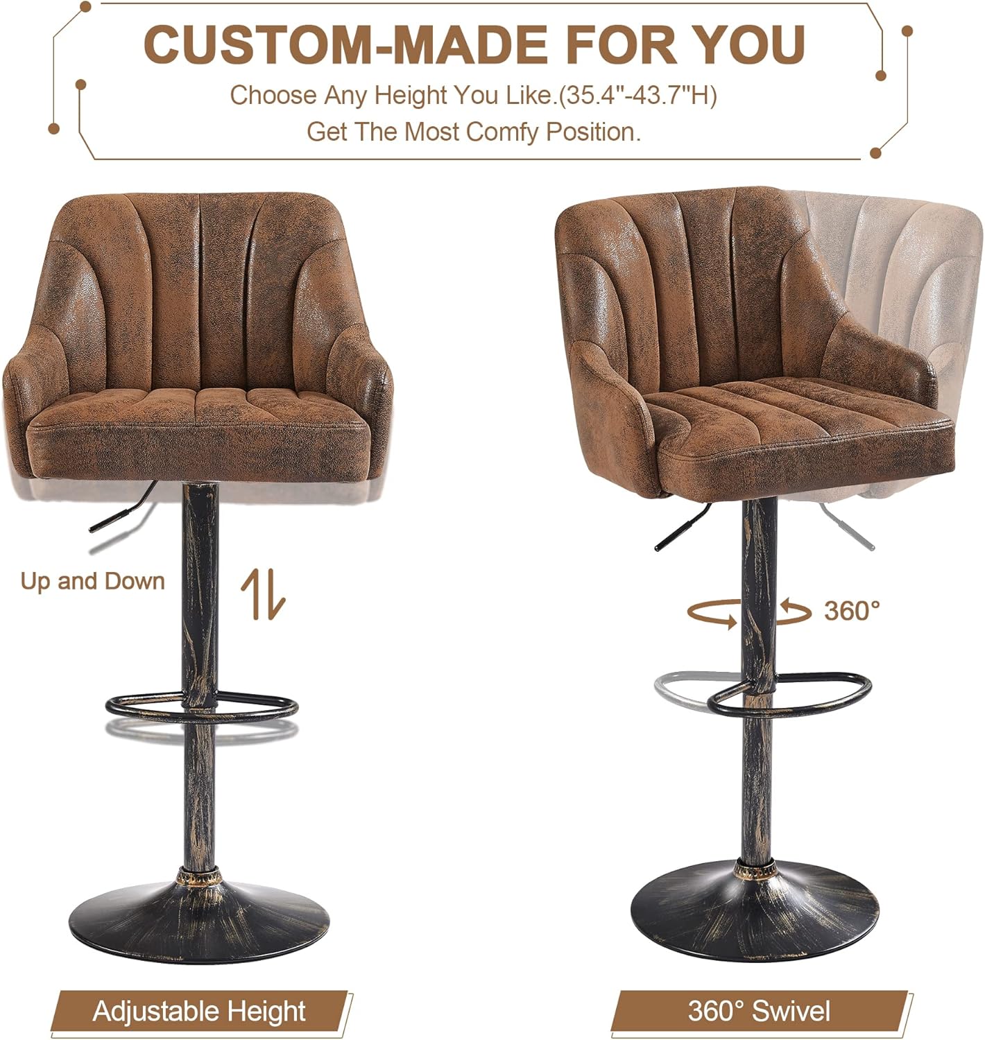 VECELO Bar Stools Set of 4, Adjustable Barstools, Counter Height Stools with Back and Arm, Kitchen Island Stools, Swivel PU Chairs for Pub, Dining Room, Industrial Style, Brown