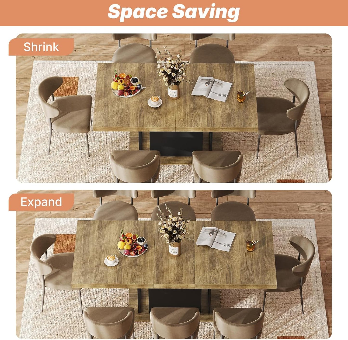 63"-78.7" Expandable Dining Tables, 6-10 Farmhouse Kitchen Table, Extendable Dining Room Table, Rectangular Thick Top with Metal Track, Central Column Base for Living Room, Office-Brown