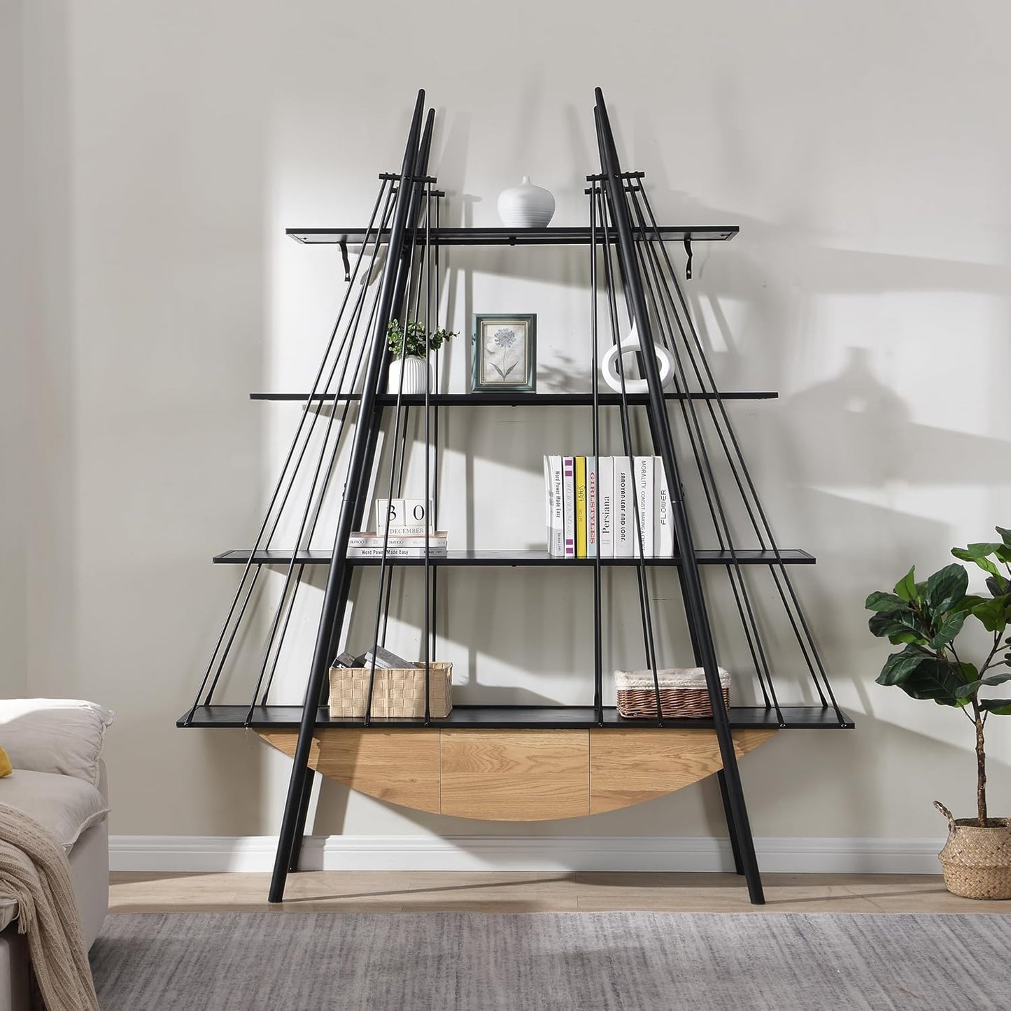 4 Tier Modern Boat-Shaped Bookshelf with Drawer, Black & Natural, 84.3" Tall Vertical Ladder Shelf for Storage Display Decoration, Sturdy MDF & Metal Industrial Frame, for Bedroom, Office
