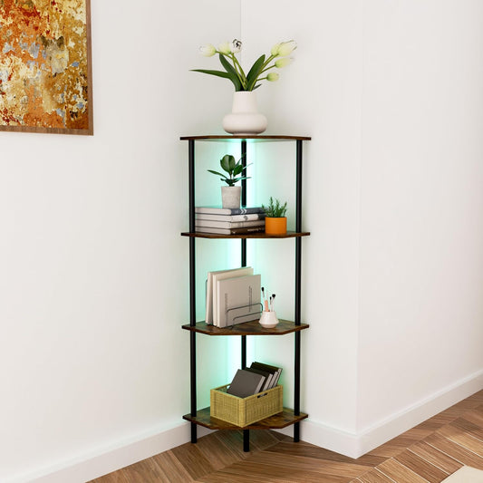 Corner Shelf Stand, Storage Standing Shelf Unit with Metal Frame, Narrow Bookshelf with LED Light Brown Plant Display Stand, Multi Unit Organizer Corner Cabinet for Bedroom, Living Room (4 Tier)