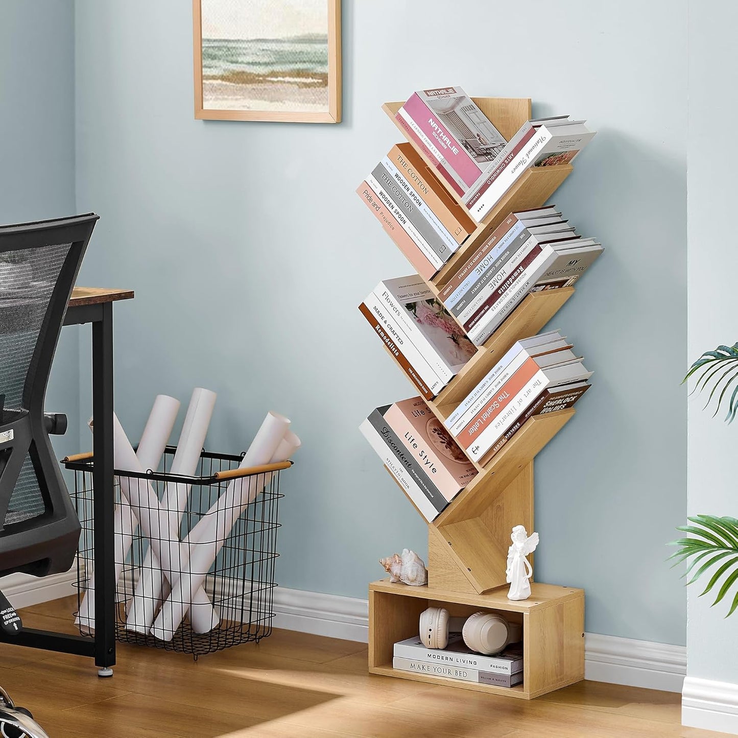 Hoctieon 6 Tier Tree Bookshelf, Tall Bookcase with Drawer, Freestanding Book Shelf, Display Floor Standing Storage Shelf, Book Organizer Shelves for Home Office, Living Room, Bedroom, Yellow