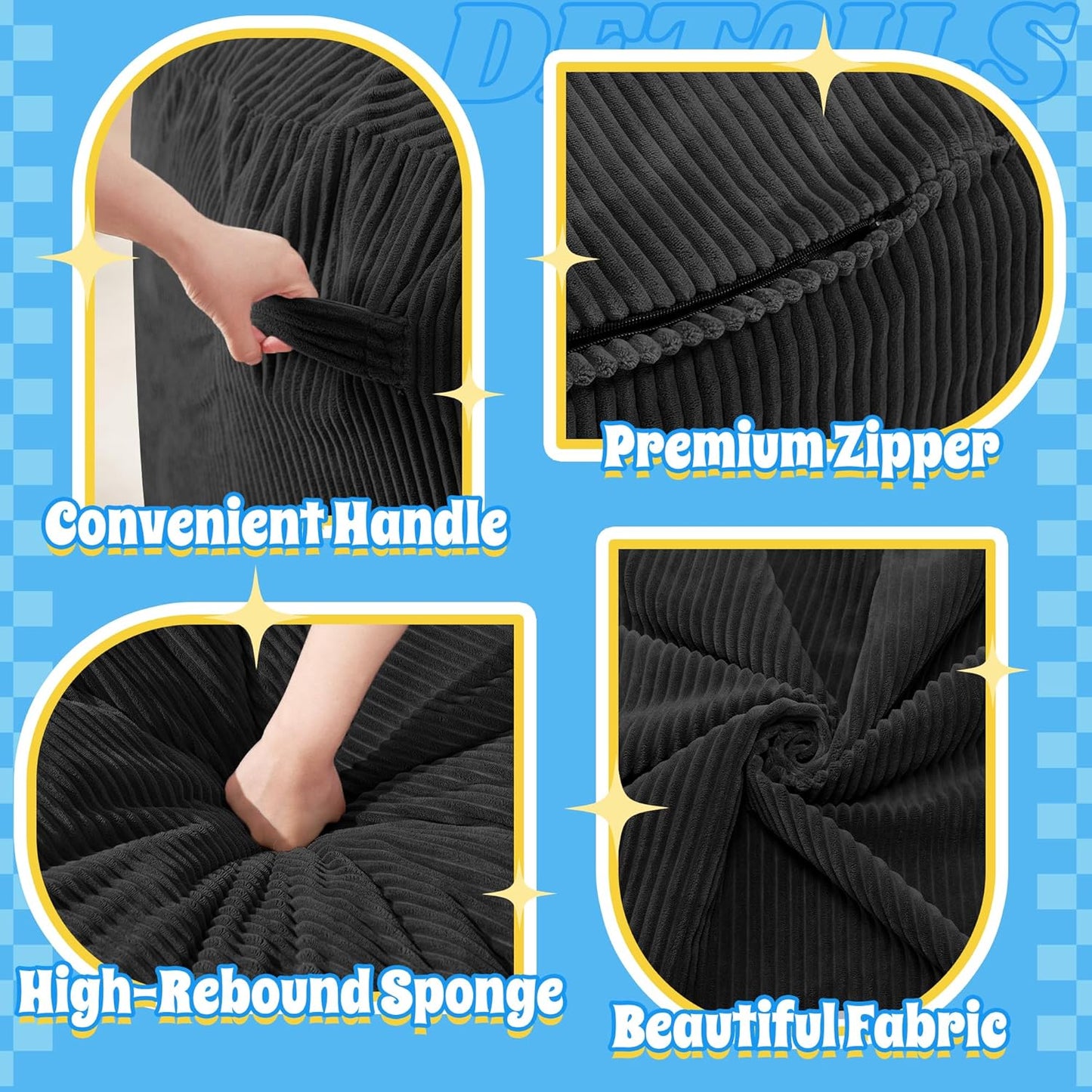 HABUTWAY 4FT Bean Bag Chair,Giant Bean Bag Chairs for Adults,Big Bean Bags with Memory Foam Filled, Large Beanbag Chairs with Soft Corduroy Cover-Black