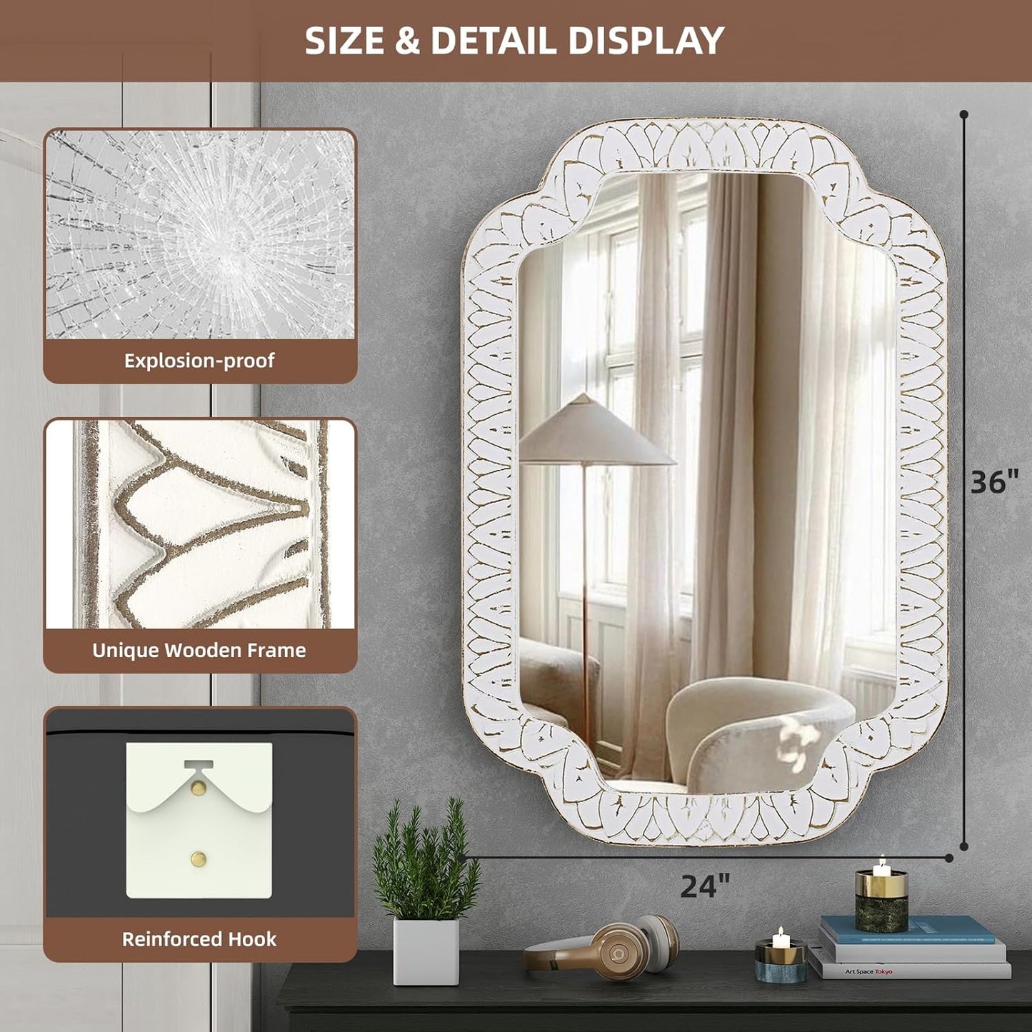 36x24 Inch Scalloped Wall Mirror with Wooden Frame, Rustic Farmhouse Bathroom Vanity Mirror, Decorative Mirrors for Living Room, Bedroom, Entryway – Vertical or Horizontal Mount