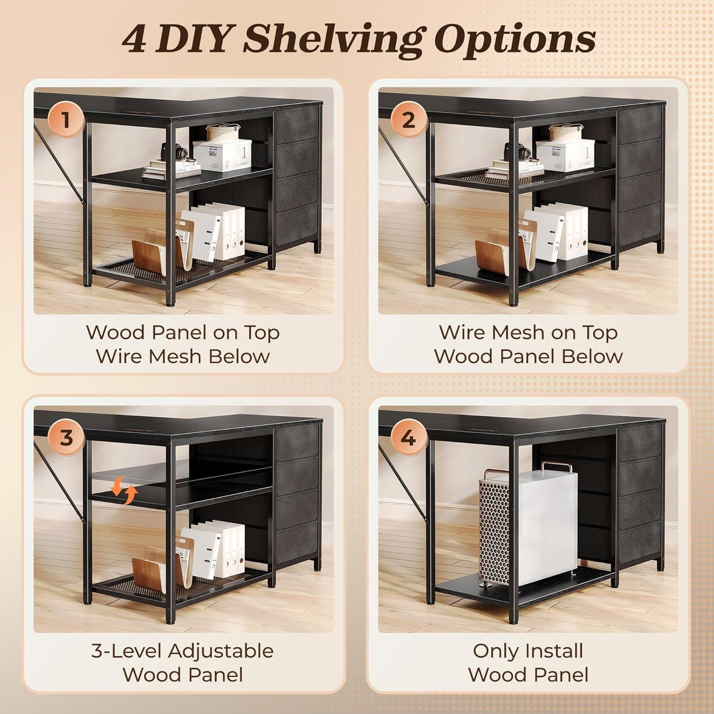 PRAISUN 43.3" Small Computer Desk with Power Outlets and USB-C Port, Reversible L Shaped Corner Office Desk with 4 Fabric Drawers and 2 Height-Adjustable Shelves, for Gaming Writing, Black