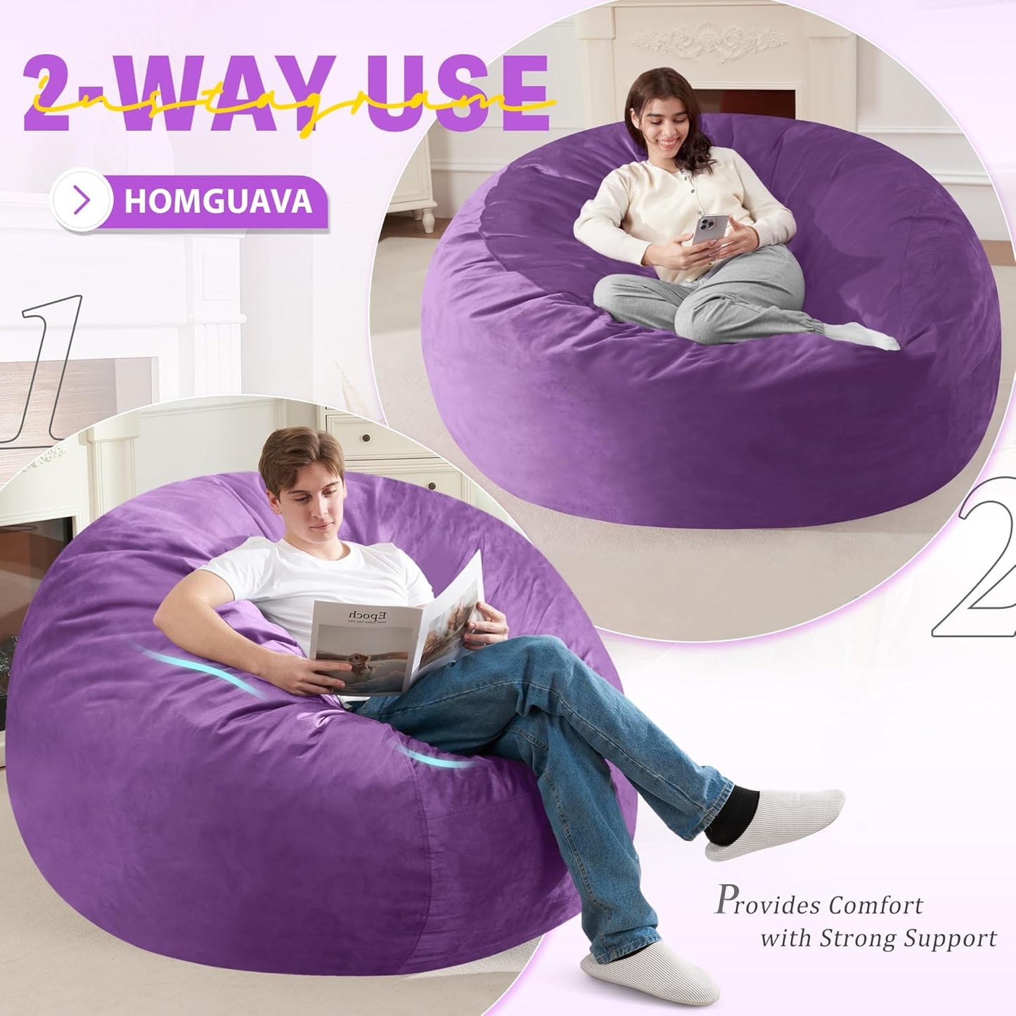 Homguava 6 FT Bean Bag Chair: 6' Bean Bags with Memory Foam Filled, Large Beanbag Chairs Soft Sofa with Dutch Velvet Cover-Purple