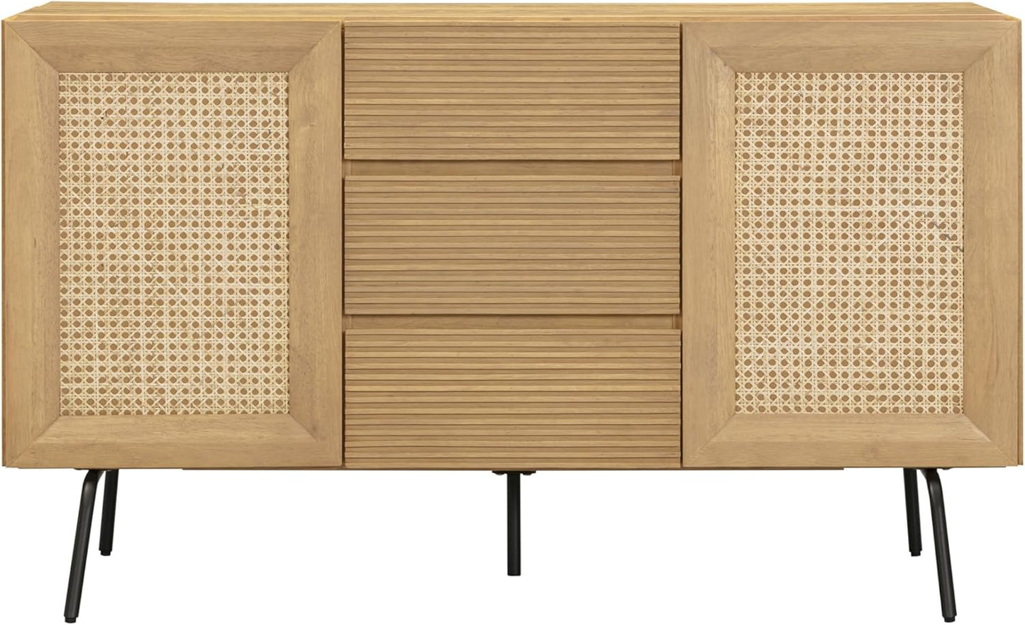 NTC MOSSIC Sideboard with 2 Doors and 3 Drawers, Buffet Cabinet with Natural Rattan and Metal Legs, Modern Storage Cabinet for Living Room, and Hallway, Effortless Assembly, Sand
