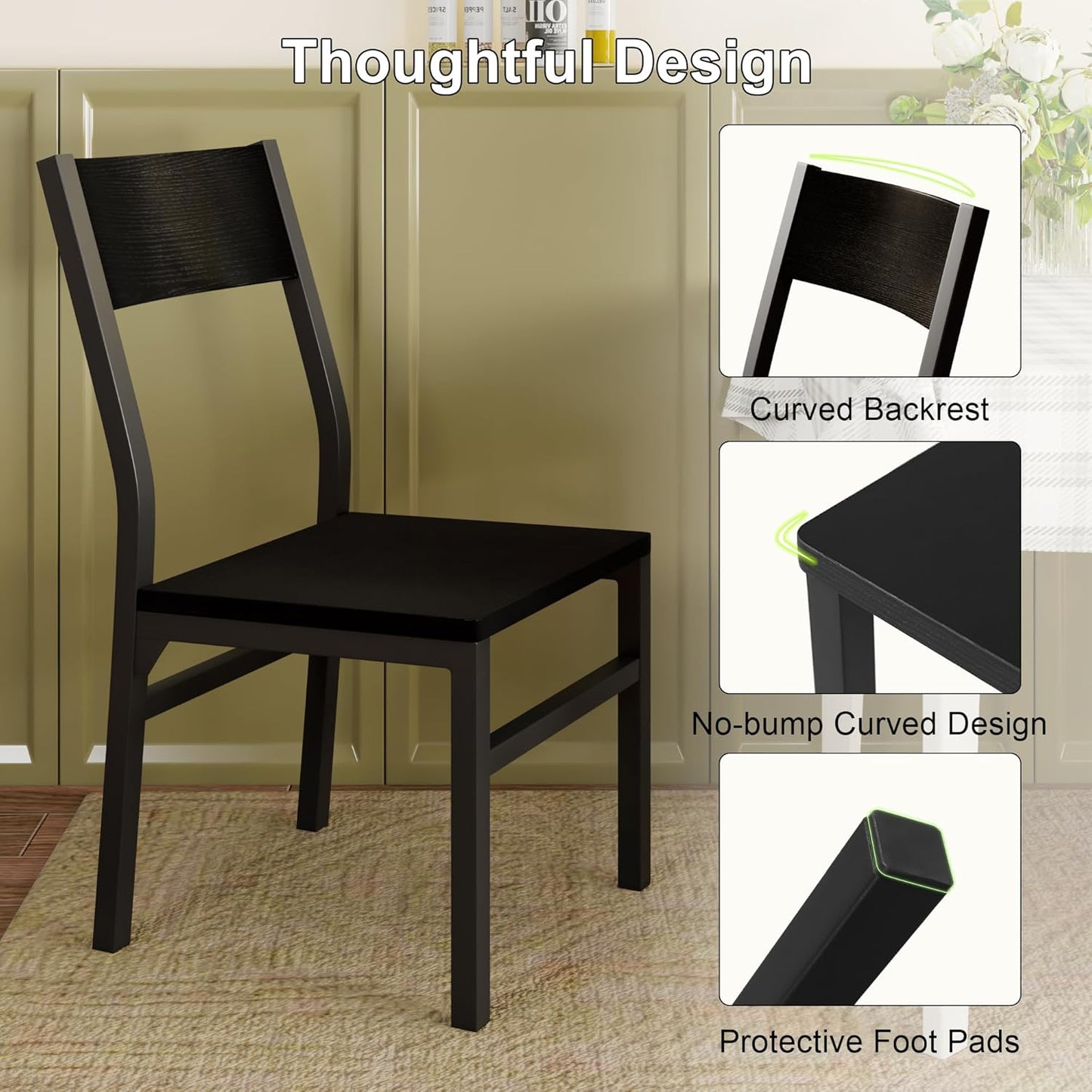 Feonase Dining Chairs Set of 6, Modern Kitchen Chairs with Ergonomic Backrest, MDF Board and Metal Legs, Dinner Chairs for Dining Room, Kitchen and Living Room, Easy Assembly, Black