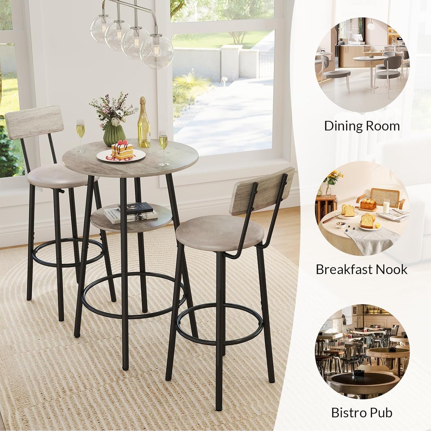 3 Pieces Round Bar Table Set, Small Dining Table for 2, Breakfast Table with Storage, Modern Kitchen Bar Table, 2 Upholstered Stools with Backrest for Kitchen, Dining Room & Bistro-Grey