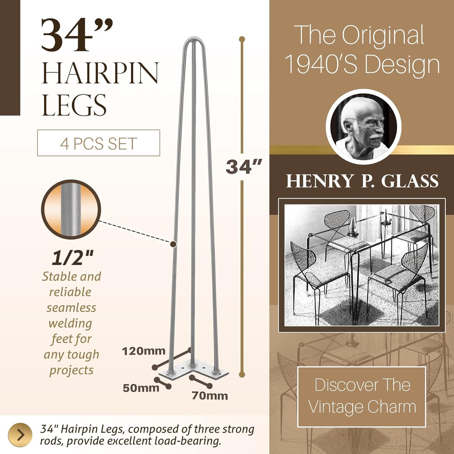 TEN49 Heavy Duty Hairpin Furniture Leg - 34 Inch Industrial Metal Table Legs - 1/2" Extra Thickness 3 Solid Rods Raw Steel Color Leg - Fit for Modern Standing Desk, Console, Bar Height Table Legs