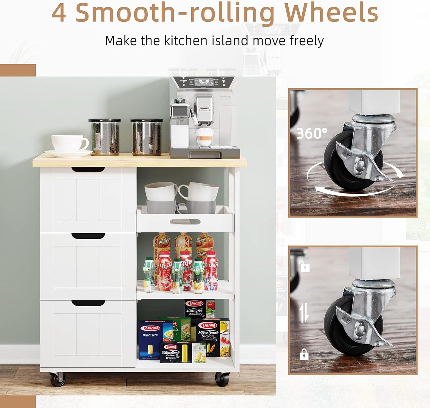 Shintenchi Kitchen Island Cart with Storage,Rolling Kitchen Island Storage Cabinet,Side Table on Wheels with Worktop,3 Open Shelves and 3 Drawers for Kitchen,Dinning Room, White