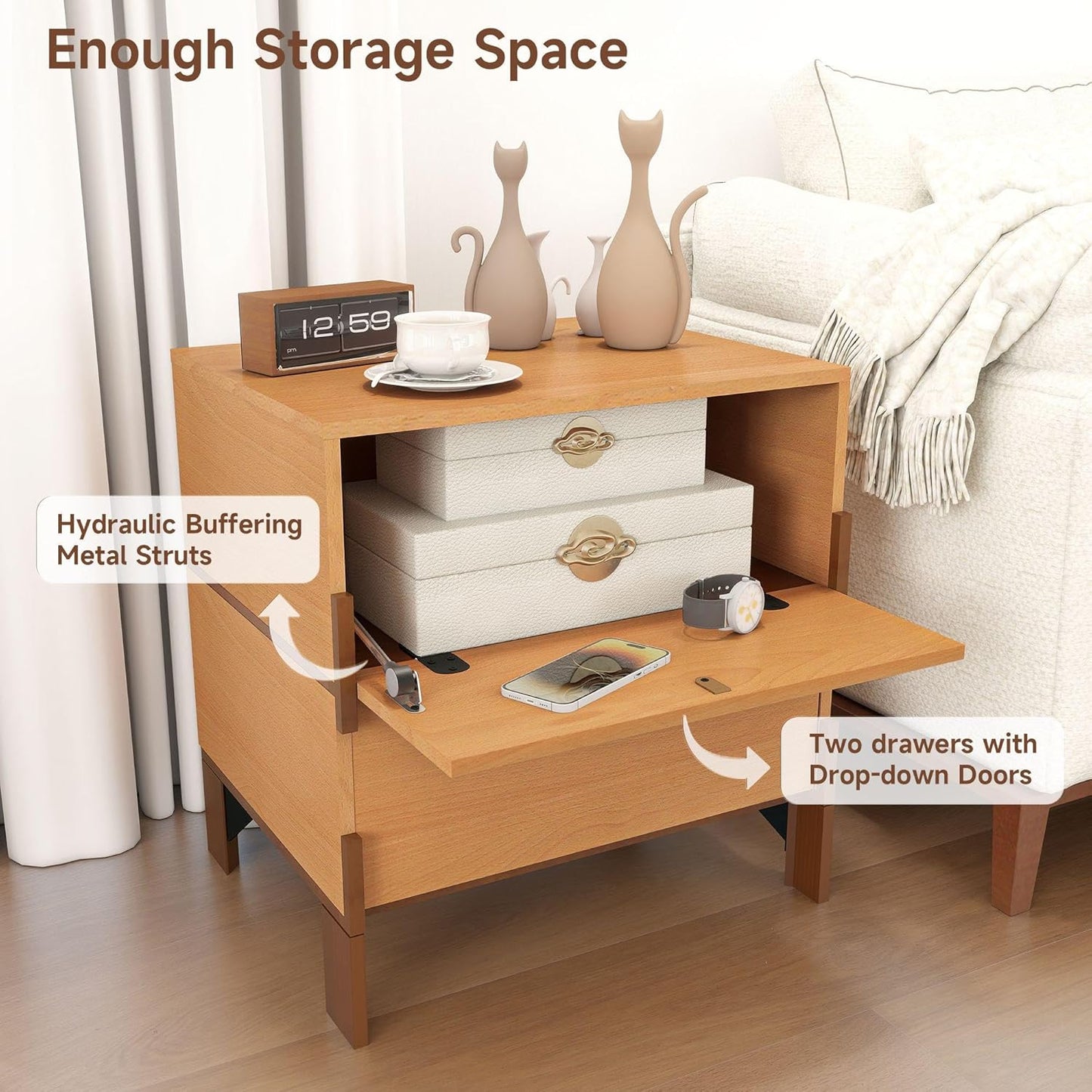 Sebastack Night Stand, Customizable 2 Drawers Bedside Table, End Table, Side Table for Bedroom, Dormitory, Mid-Century Style Wood Chest of Furnitures, Basswood Color