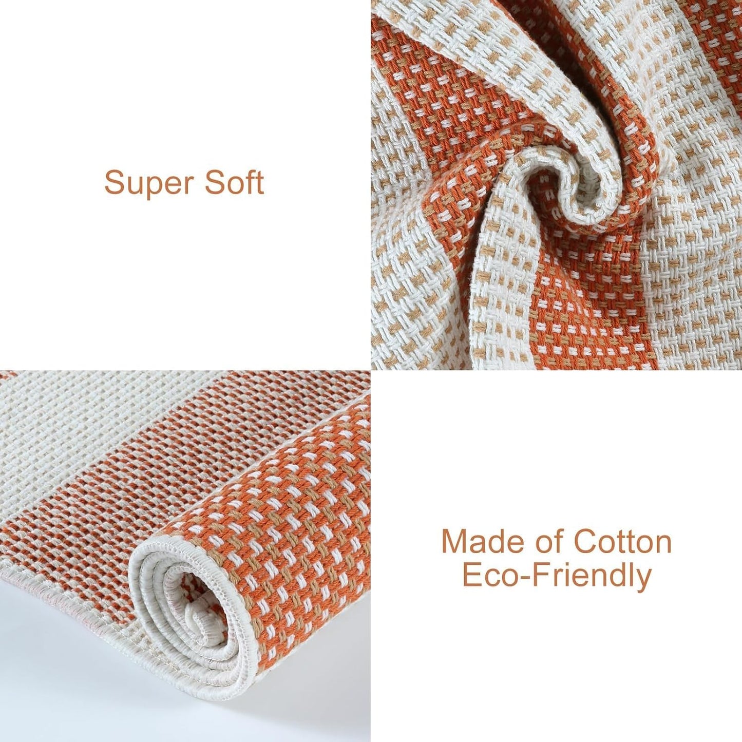 OJIA Fall Front Door Rug 24"x51" Halloween Doormat Striped Rug Cotton Woven Checkered Carpet Washable Front Door Mat Outdoor Small Area Rug for Porch Kitchen Entryway Patio Bathroom (Orange/White/Tan)