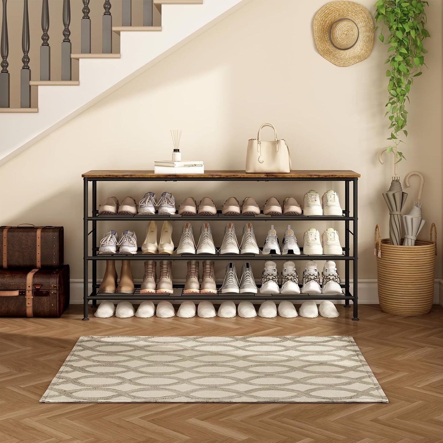 Shoe Rack Organizer 4 Tier for Closet Entryway Free Standing Metal Storage Shoe Shelf with MDF Top Board (Black+Rustic Brown, Large 4 Tier)