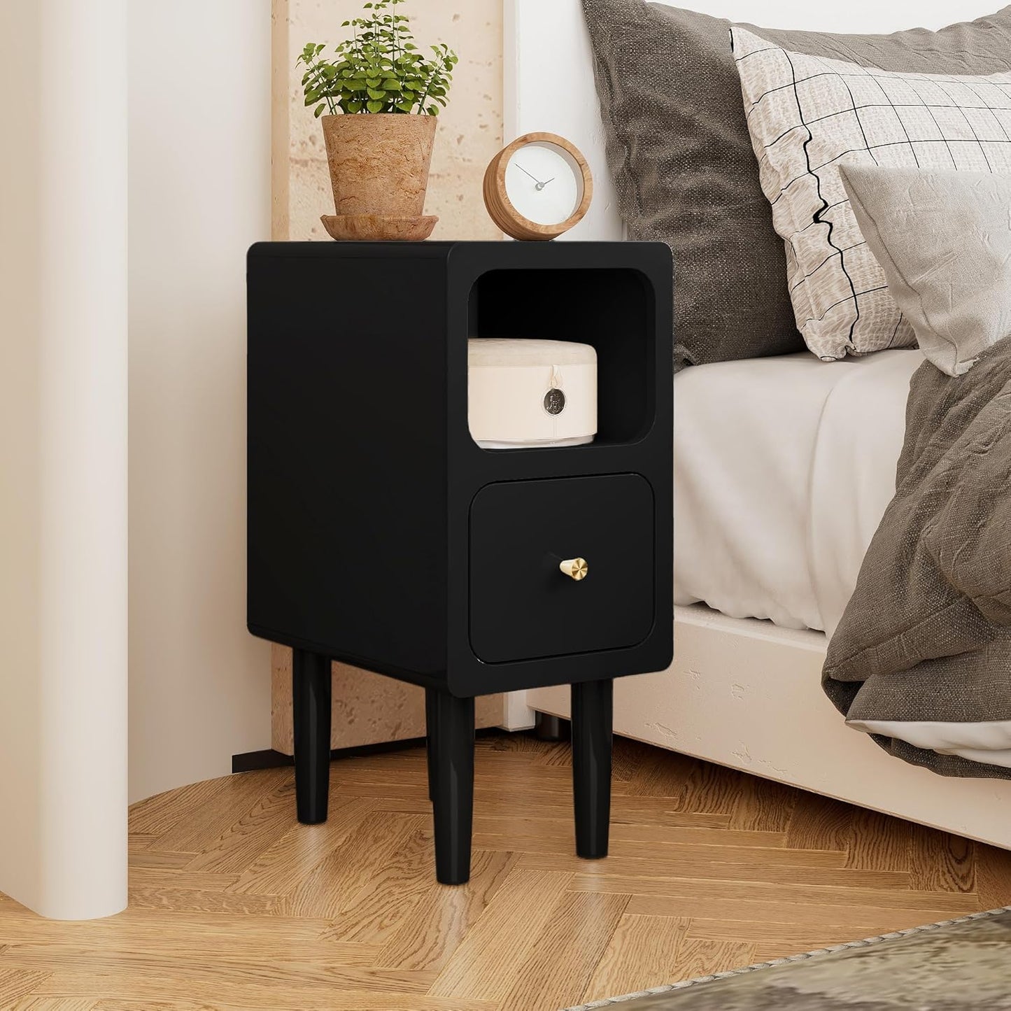 Narrow Nightstand, Solid Wood Night Stand with Drawers, Black Mid Century Modern Nightstand, Small Beside Table with Open Storage Shelf for Bedroom (10 inch)