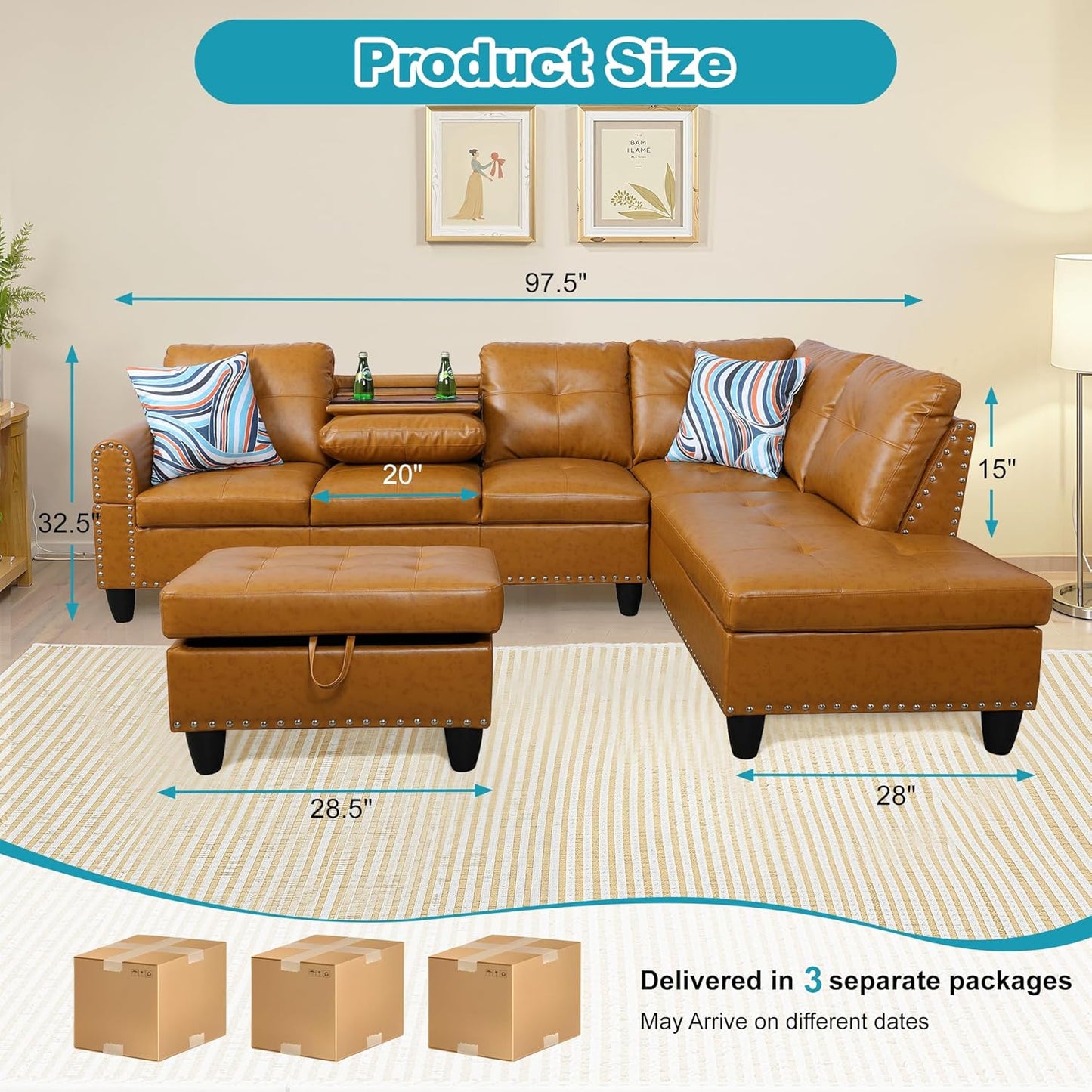 Couches for Living Room PU Leather L Shaped Couch Comfy 3 Pieces Sectional Sofa with Chaise, Ottoman with Storage for Office and Small Apartment, Ginger