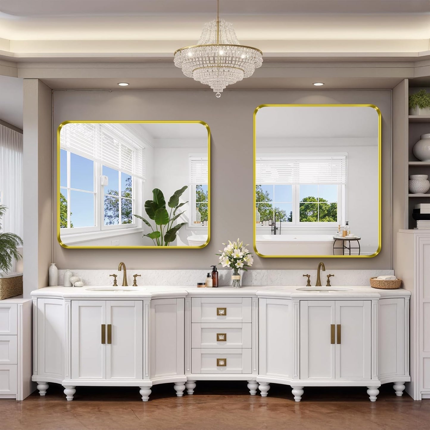 FORBATH 48x40 Inch Bathroom Mirror, Brushed Gold Deep Frame Wall Mirror with Rounded Corners, Anti-Rust Tempered Glass for Modern Farmhouse Vanity (Horizontal/Vertical)