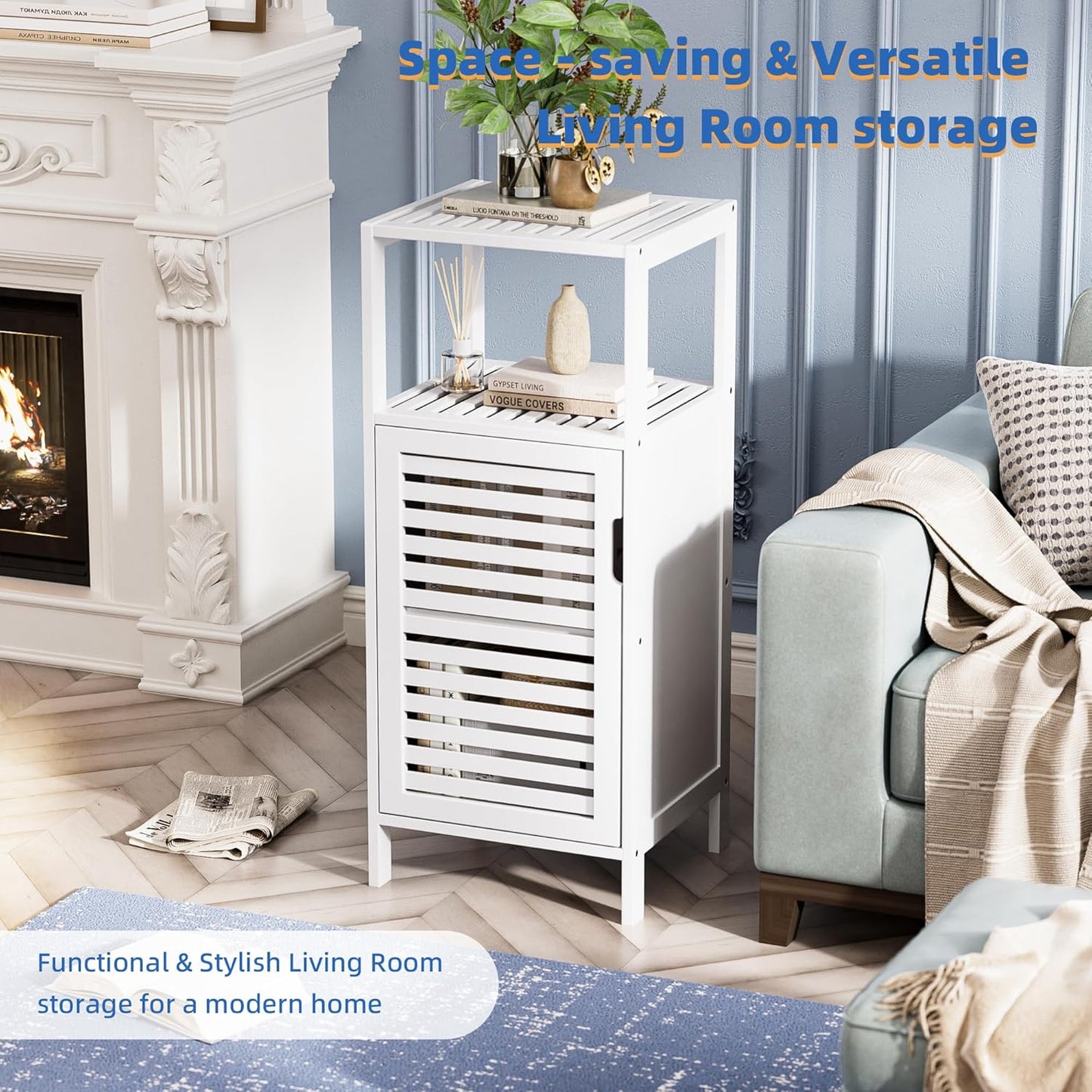 HITNET Bamboo Bathroom Storage Cabinet, 4 Tier Small White Floor Cabinet with Single Door, Free Standing Slim Narrow Storage Organizer for Bedroom Living Room