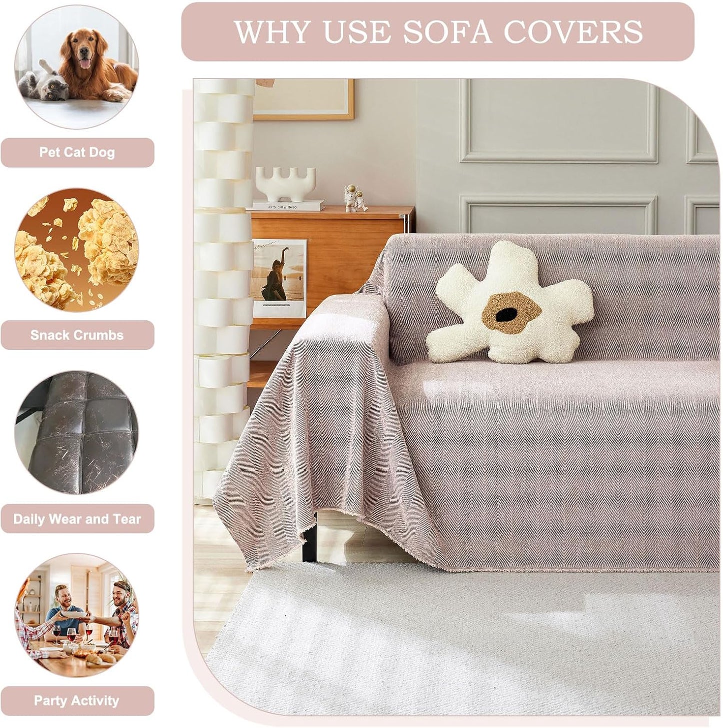 STACYPIK Stylish Cozy Pink Sofa Cover for Dogs Kids Geometric Couch Cover Herringbone Couch Slipcover for Sectional Couch Covers L Shape for 2 Cushion Couch Pet Furniture Throw Cover Washable-71X118IN