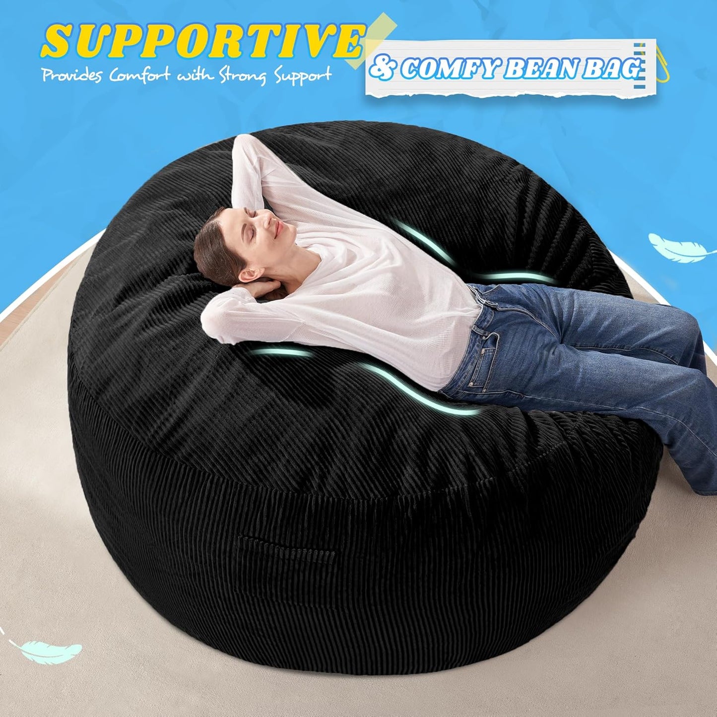 HABUTWAY 3FT Bean Bag Chair,Giant Bean Bag Chairs for Adults,Big Bean Bags with Memory Foam Filled, Large Beanbag Chairs with Soft Corduroy Cover-Black