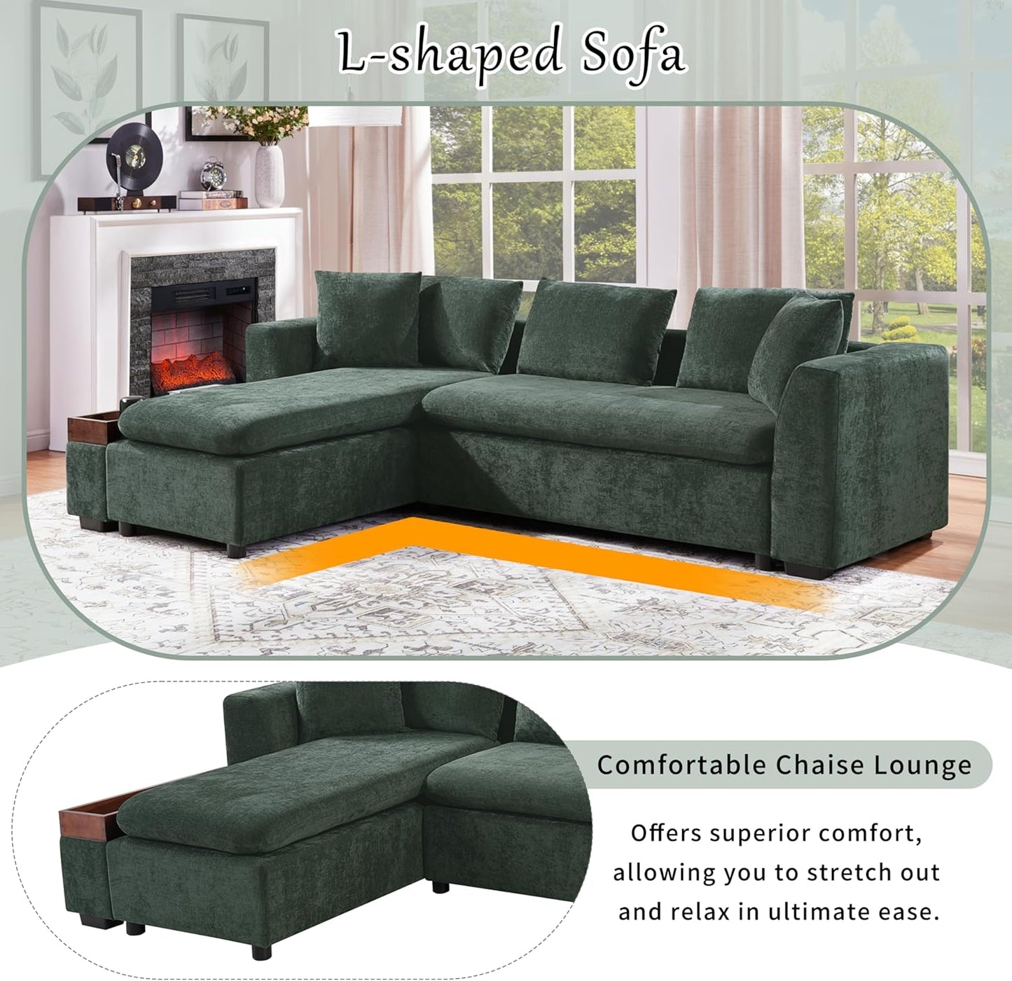 Merax 93.7" L-Shaped Sectional Sofa with Wooden Storage Compartment, Chenille Upholstered Deep Seating Sleeper Couch & Chaise Lounge and Throw Pillows for Living Room, Green