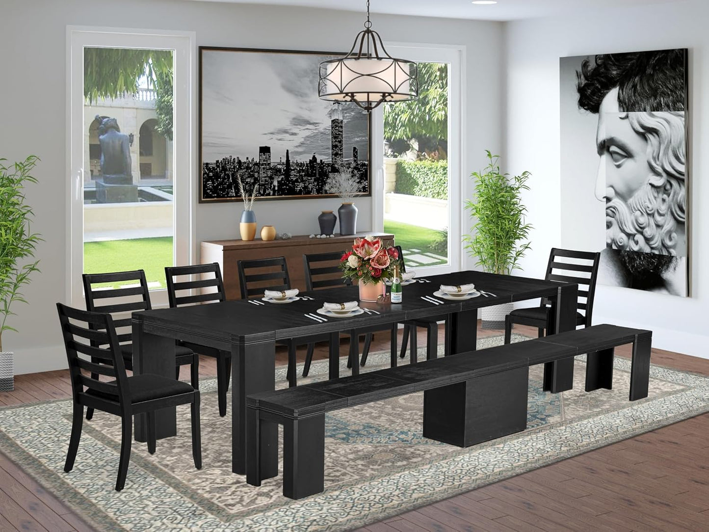 X07X1-B06-24 9-pc Modern Dining Room Table Set a Rectangular Dining Table and 2 wooden Benches and 7 Black Polyester Stackable Chair, 39x120 Inch, Wire Brushed Black