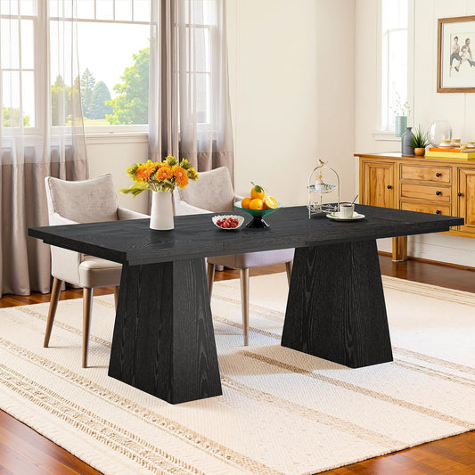 63 Inch Dining Table for 4-6, Modern Kitchen Dinner Table with Double Robust Pedestal, Wood Rectangular Eating Tables for Living Room, Dining Room, Dark Black