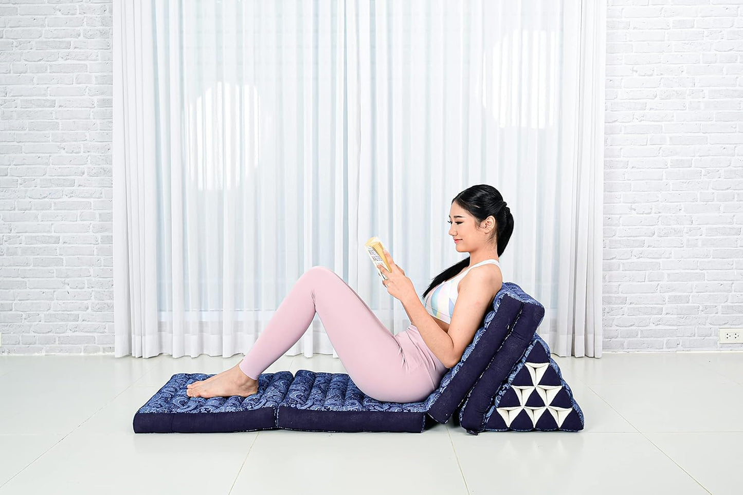 Leewadee Comfortable Japanese Floor Mattress - Thai Floor Bed with Triangle Cushion - Futon Mattress - XL Extra Long Thai Massage Mat, 89 x 20 inches, Blue White, Kapok Filling