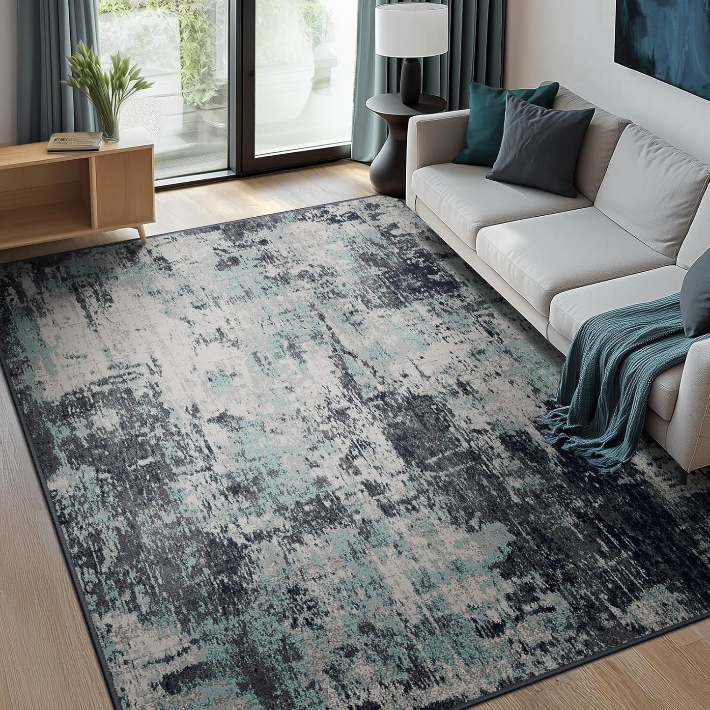 Washable Area Rugs 8'x10' Non-Slip Modern Abstract Soft for Living Room Entryway Bedroom Nursery, Print Pattern, Blue Black Teal