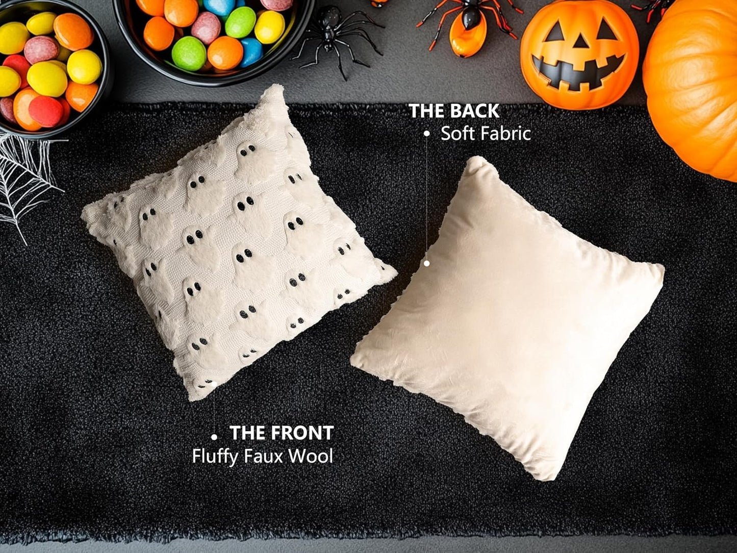 4TH Emotion Halloween Ghost Decorative Pillow Covers 20x20 Set of 2, Beige Soft Plush Faux Fur Farmhouse Throw Cushion Cases for Fall Autumn Holiday Home Decorations